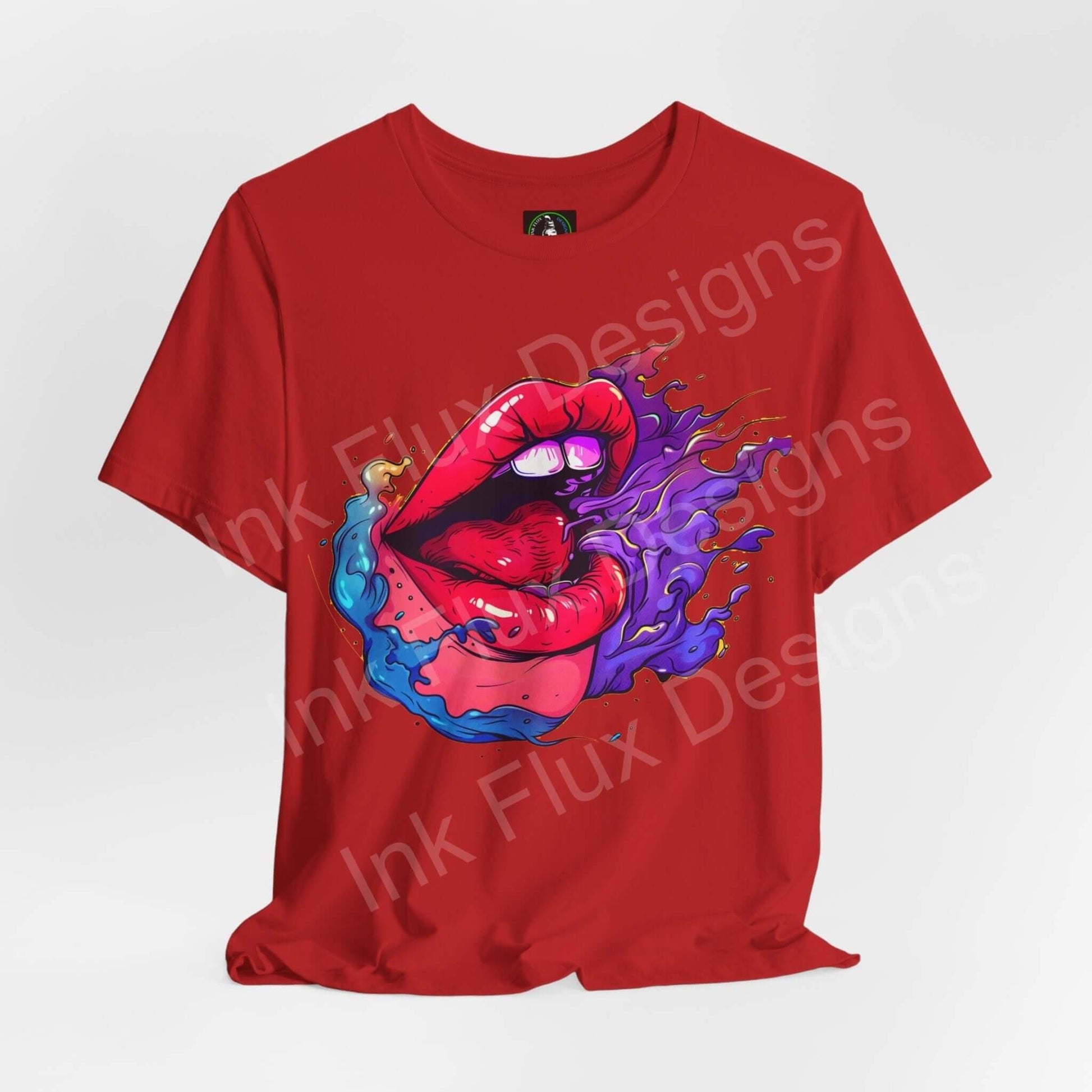 Red unisex jersey T-shirt featuring bold graphic of a cartoon mouth with flames, by Bella+Canvas, perfect for style and comfort.