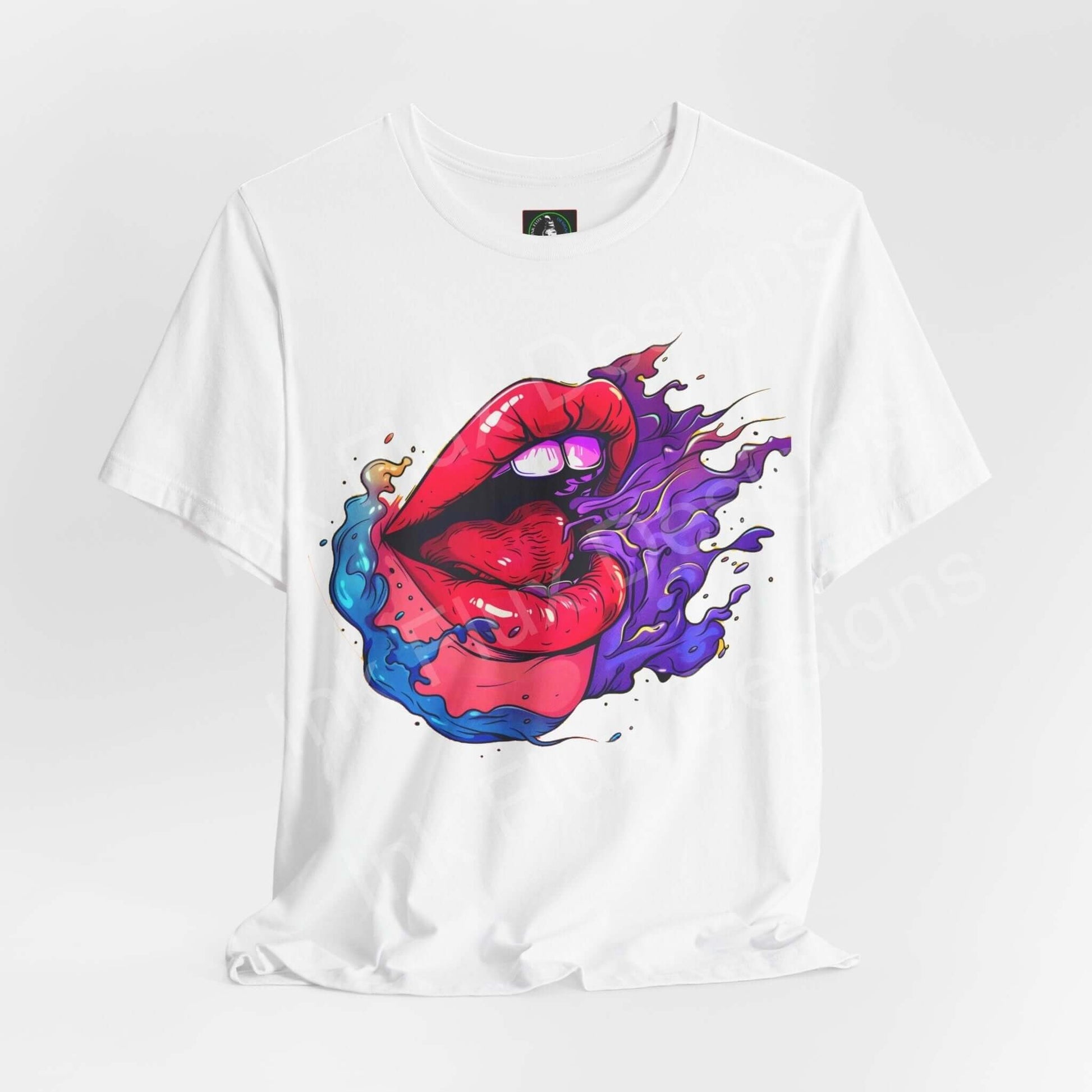 Bold graphic tee featuring a vibrant, colorful design of lips with purple and blue flames on a white unisex T-shirt, perfect for casual wear.