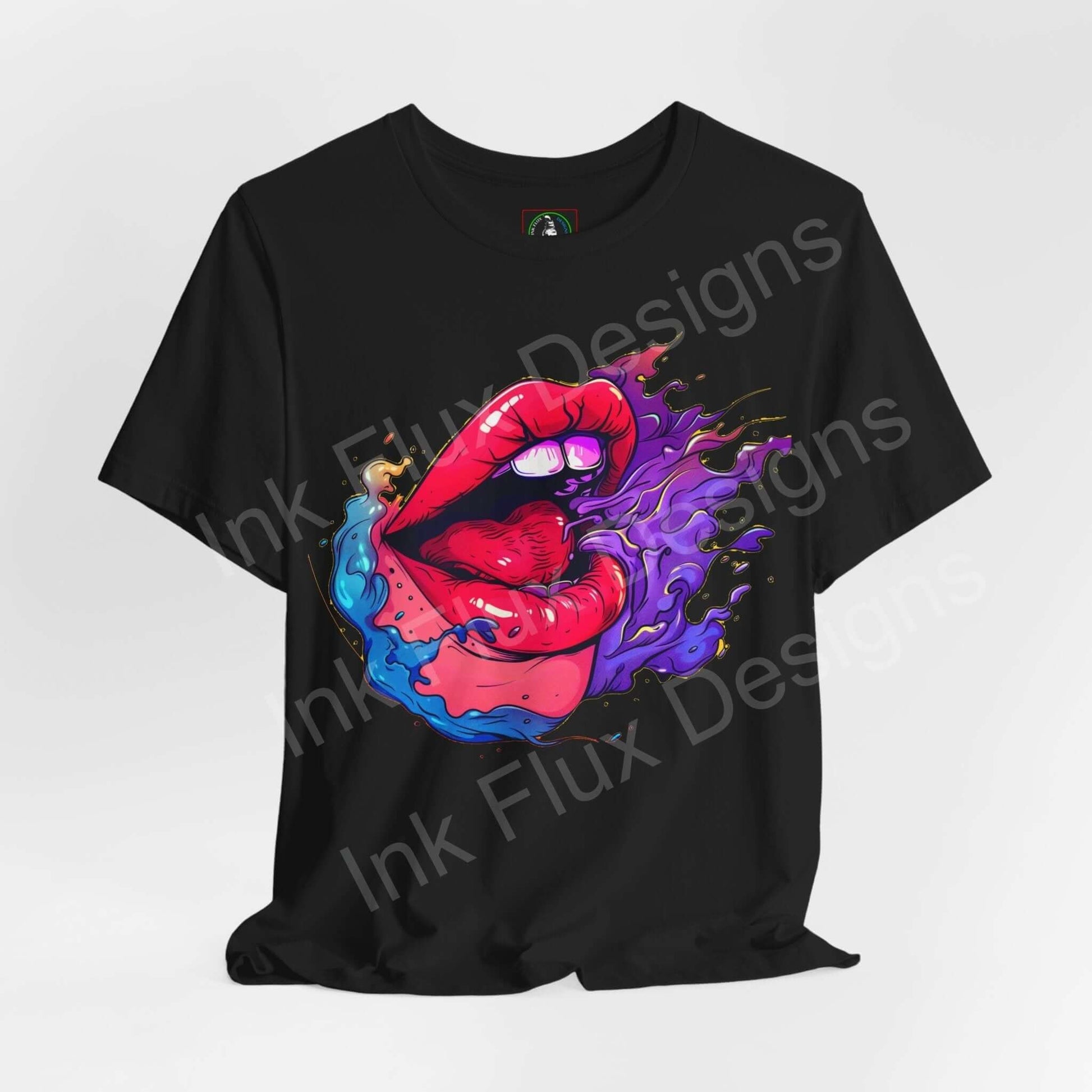 Black unisex T-shirt featuring bold graphic of a colorful, stylized mouth with dripping ink details, crafted from breathable cotton fabric.