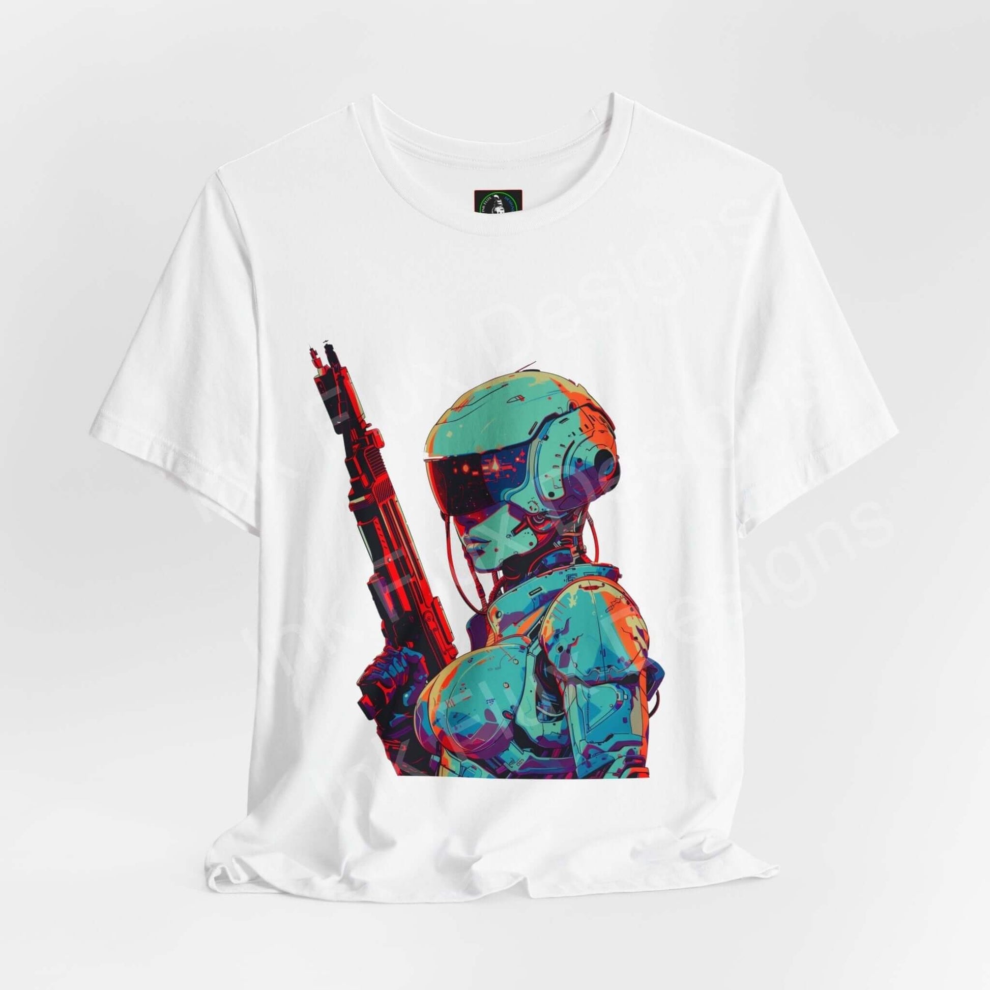 Cyberpunk graphic tee featuring a vibrant, stylized soldier design on a high-quality white unisex T-shirt from Bella+Canvas, ideal for both style and comfort.