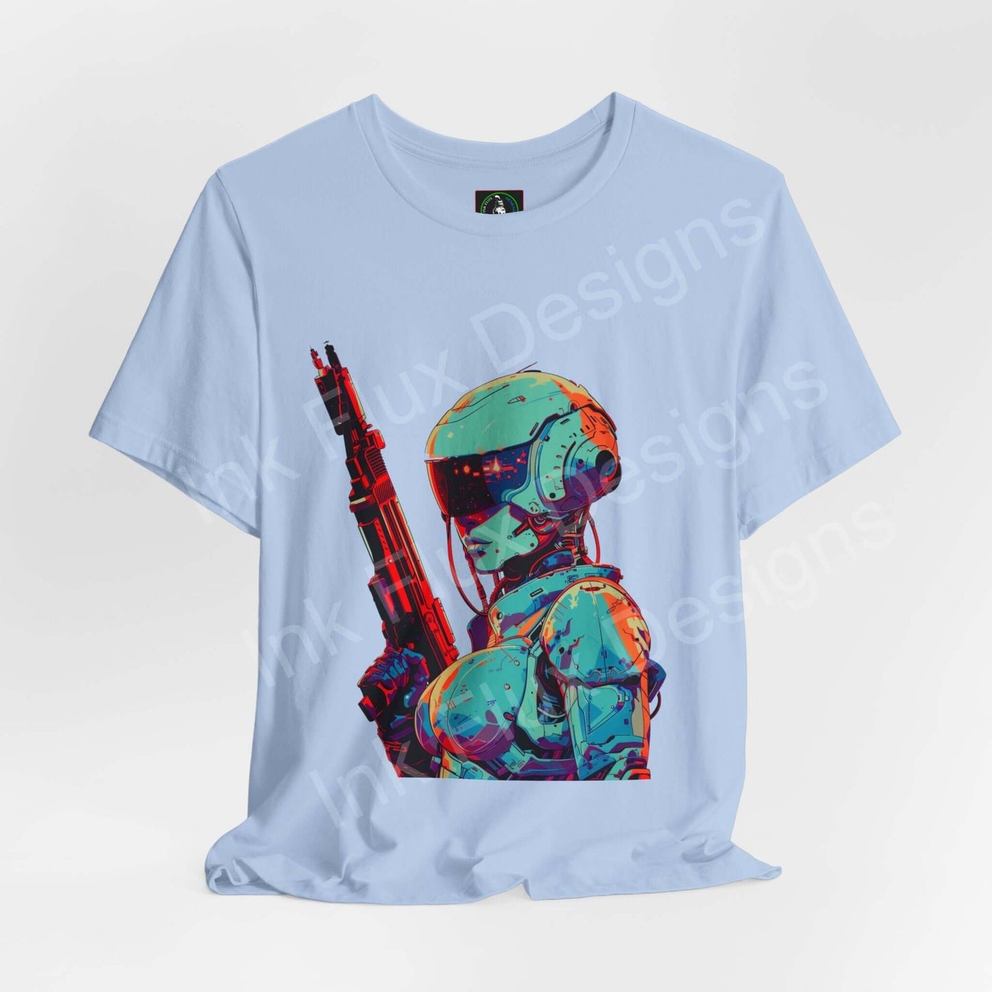 Cyberpunk graphic tee featuring a colorful robot and futuristic city design on a light blue unisex jersey T-shirt by Bella+Canvas