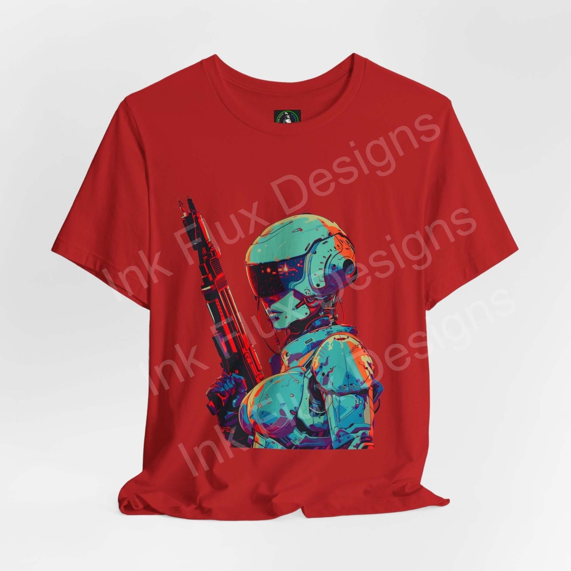 Red unisex jersey T-shirt featuring a vibrant cyberpunk graphic with a robotic soldier, from Bella+Canvas, emphasizing style, comfort, and sustainability.