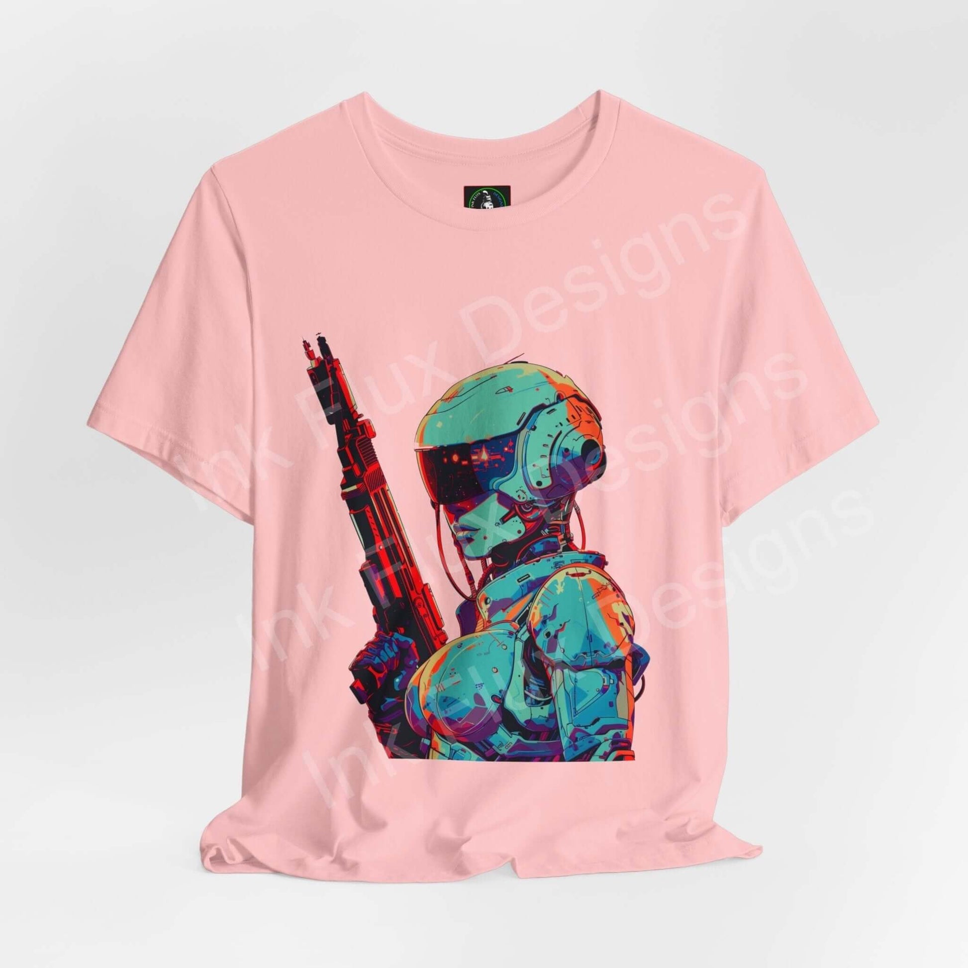 Cyberpunk-inspired graphic tee featuring a colorful soldier design on a pink unisex T-shirt, combining style with comfort and sustainability.