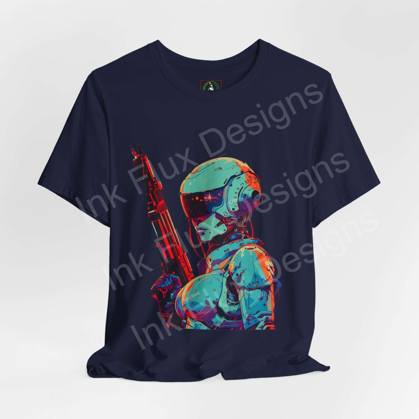 Cyberpunk graphic tee featuring a colorful robotic soldier design on a navy shirt, from Bella+Canvas, ideal for style and comfort.