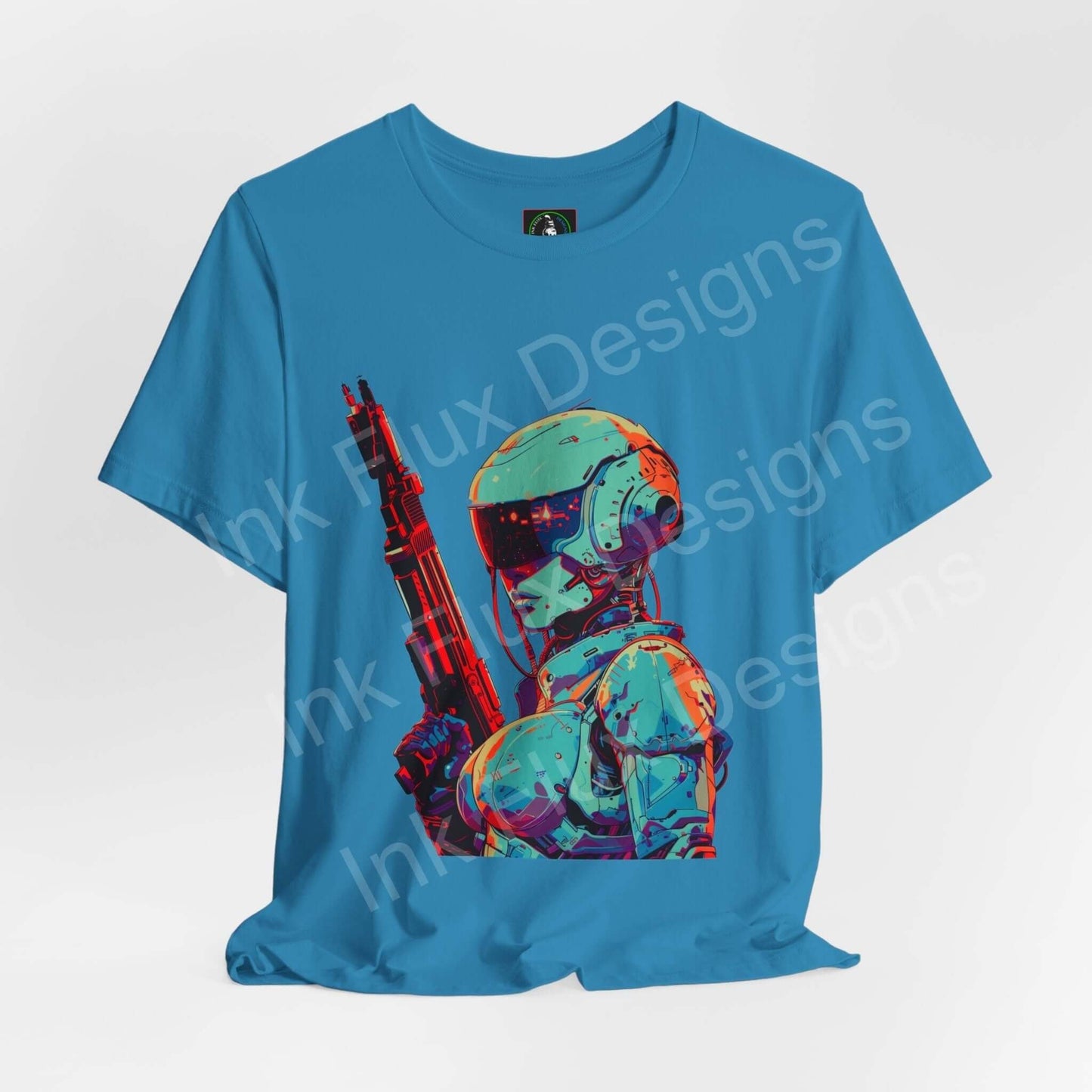 Cyberpunk graphic tee featuring a vibrant soldier design on a blue unisex jersey T-shirt by Bella+Canvas, showcasing sustainable, comfortable fashion.