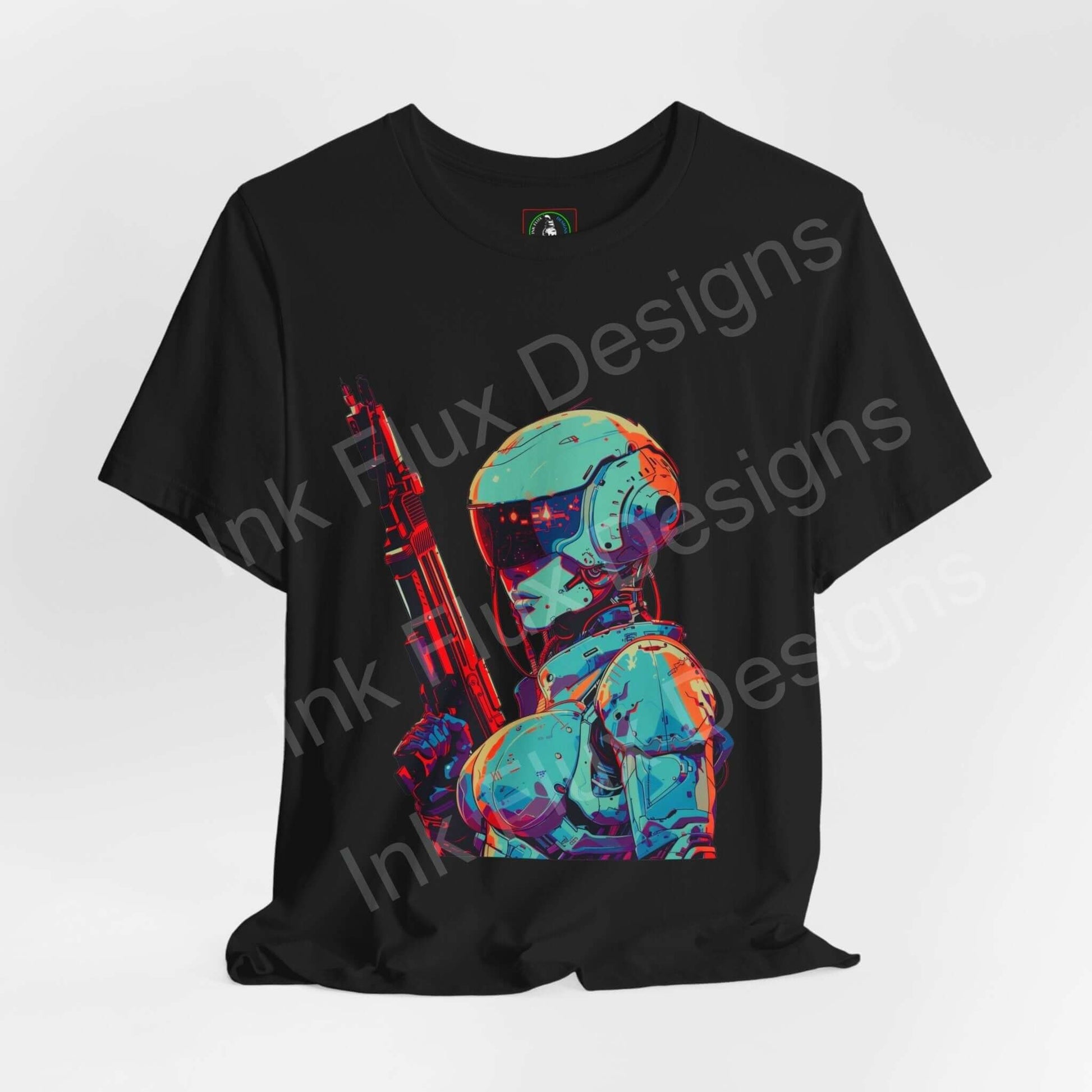 Cyberpunk graphic tee featuring a colorful robot design on a black unisex jersey T-shirt from Bella+Canvas, showcasing sustainable, stylish casual wear.