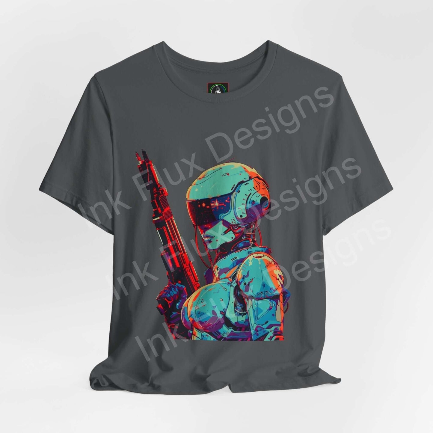 Cyberpunk graphic tee featuring a colorful robotic soldier design on a gray unisex T-shirt by Bella+Canvas, emphasizing style and sustainability.