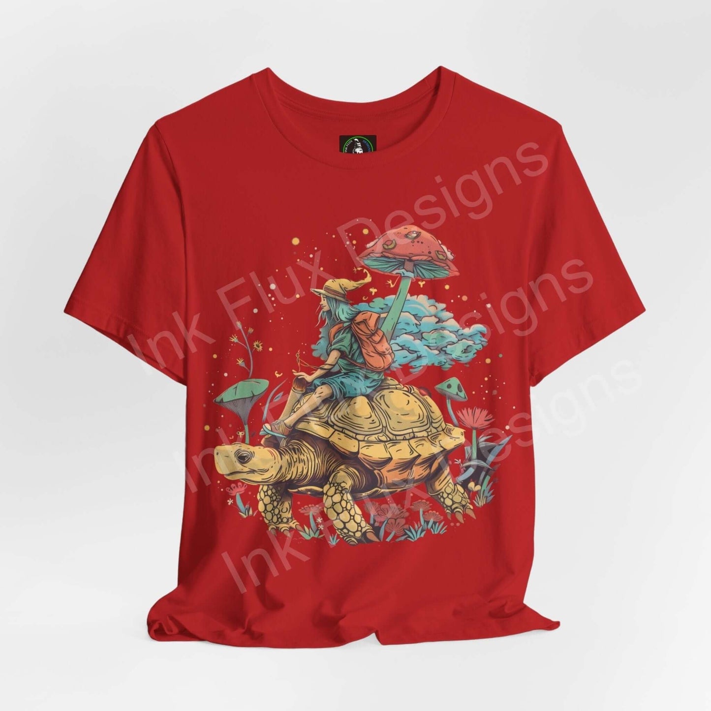 Psychedelic Space Turtle graphic tee, red unisex T-shirt with bold trippy design featuring a turtle and mushrooms, by Bella+Canvas