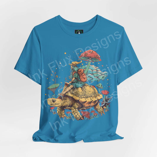 Psychedelic Space Turtle graphic tee in blue, featuring a trippy turtle and mushroom design on a unisex jersey T-shirt.