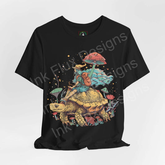 Black unisex T-shirt featuring bold, psychedelic graphic of a turtle in space with colorful mushrooms and plants, perfect for fans of trippy, graphic tees.