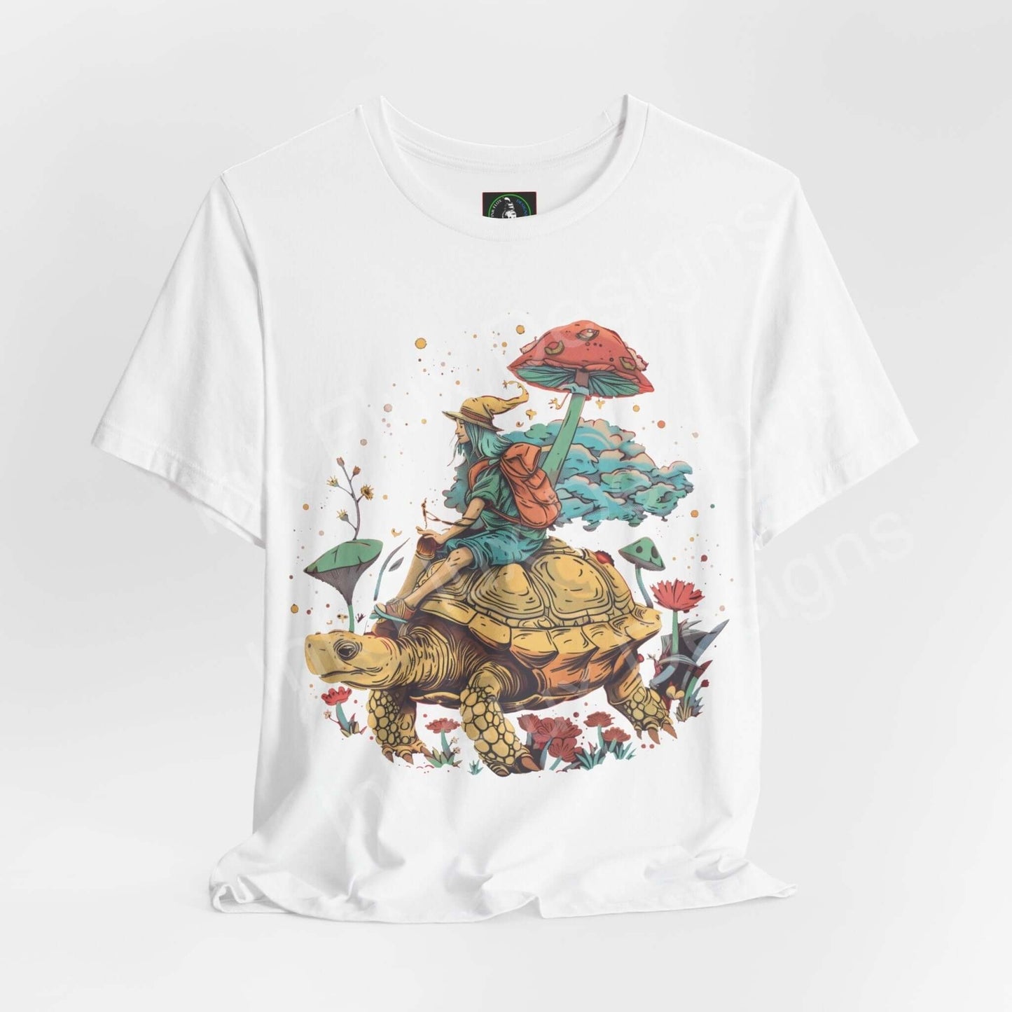 Unisex white T-shirt featuring a psychedelic Space Turtle graphic with bold, trippy visuals of a turtle and character in a vibrant, earthy setting.