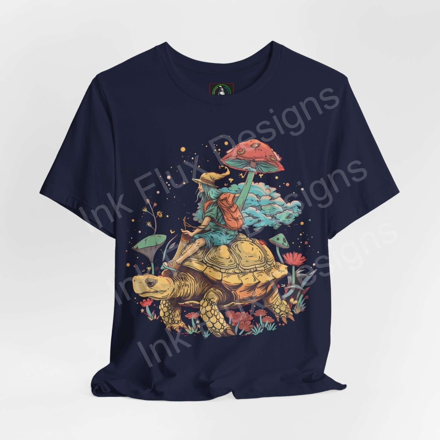Trippy Space Turtle graphic tee with bold psychedelic design on a navy unisex T-shirt, featuring an astronaut riding a turtle in space surrounded by colorful flora.