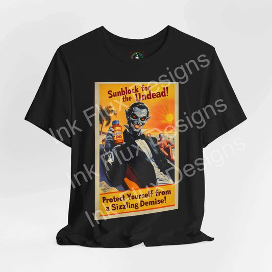 Halloween-themed graphic tee featuring 'Sunblock for the Undead' design with vampire using sunscreen, on a black T-shirt.