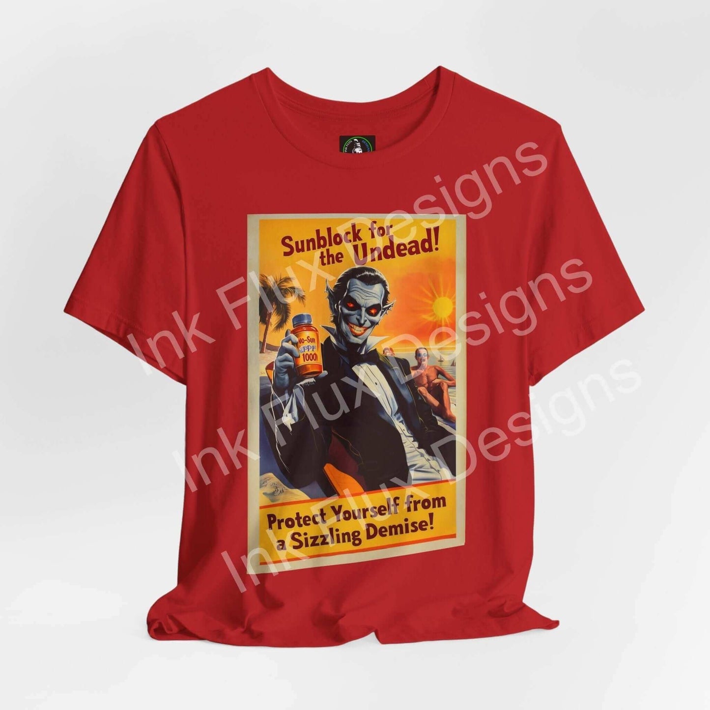 Halloween-themed 'Sun Block for the Undead' graphic tee in red, featuring humorous vampire design, perfect for casual wear.