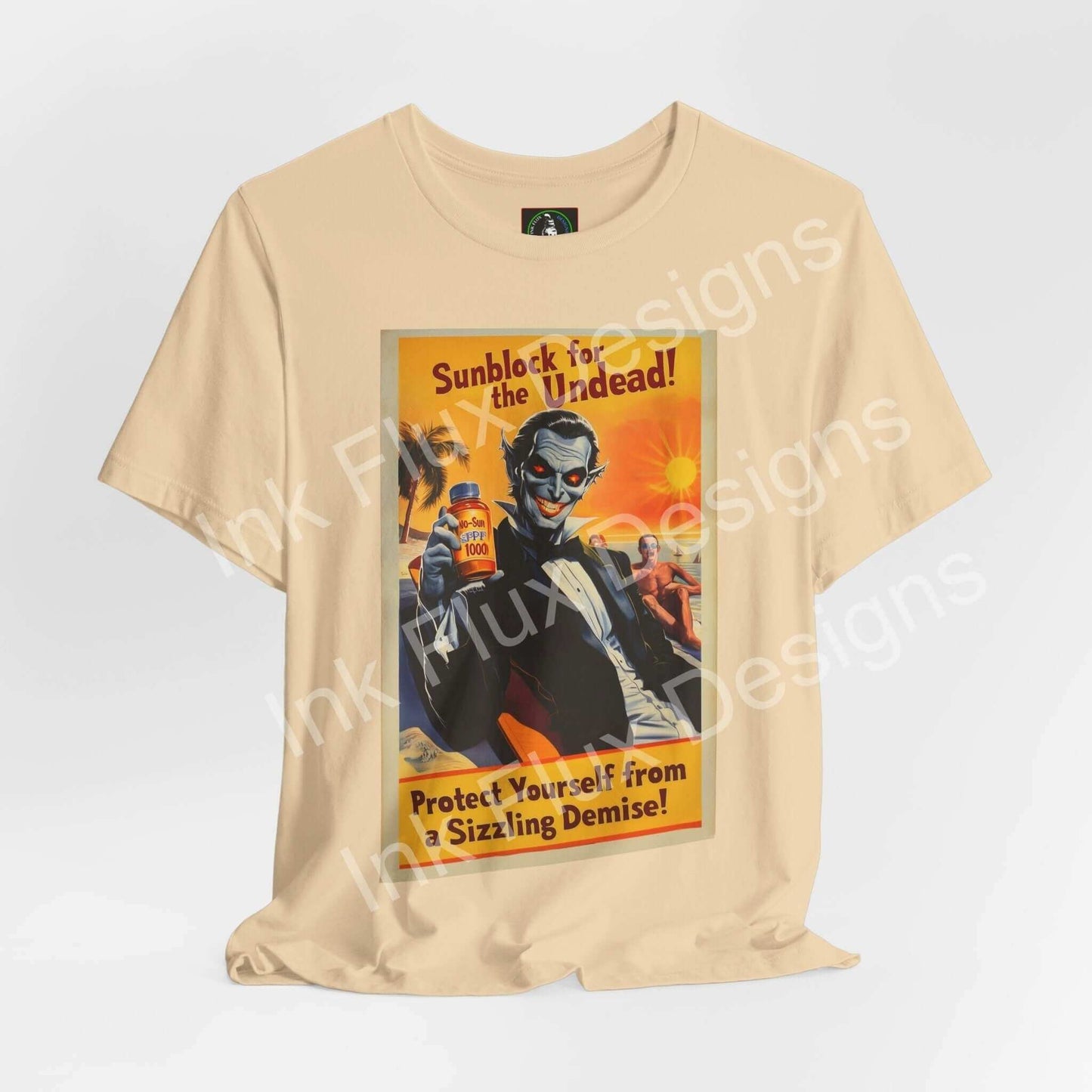 Halloween-themed graphic tee featuring 'Sun Block for the Undead' design, styled on a beige, sustainably-made unisex T-shirt.