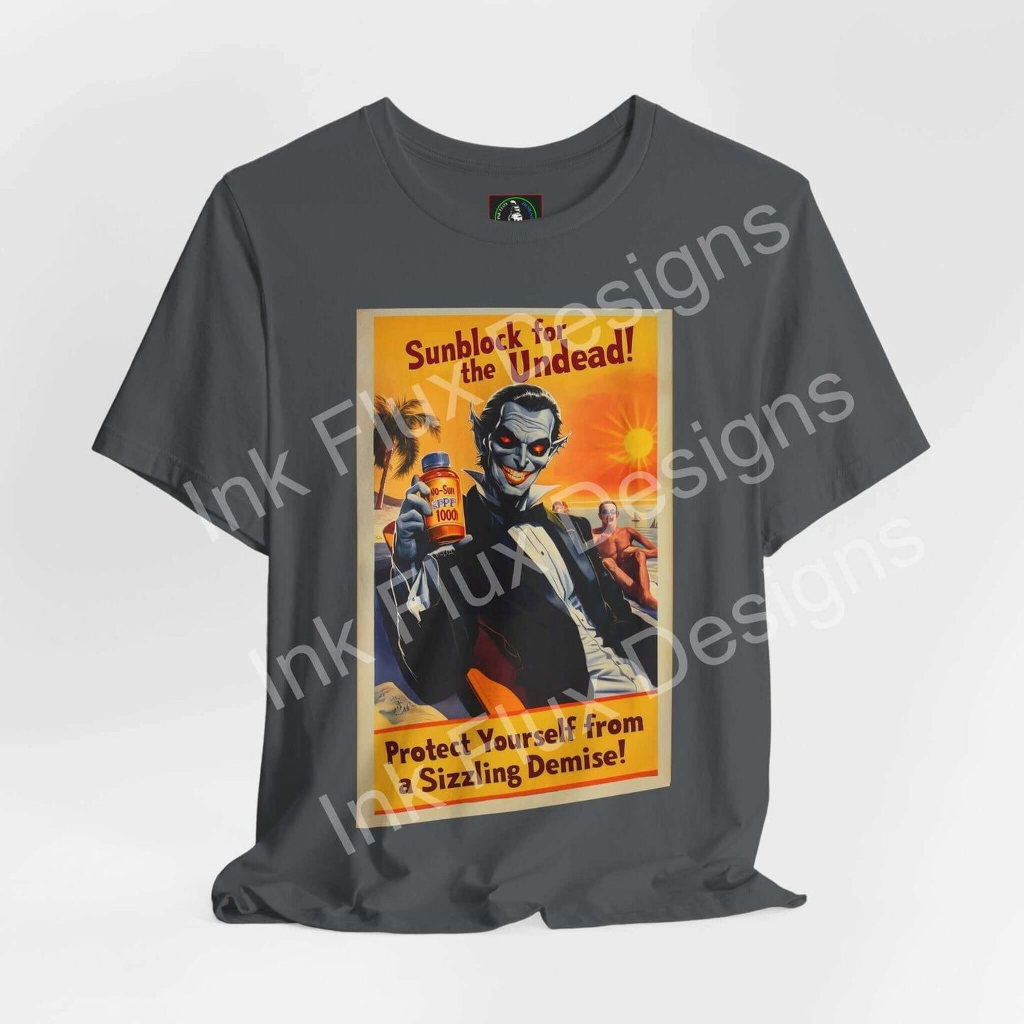 Halloween-themed graphic tee featuring "Sunblock for the Undead" design on a gray T-shirt, styled with vintage zombie art.