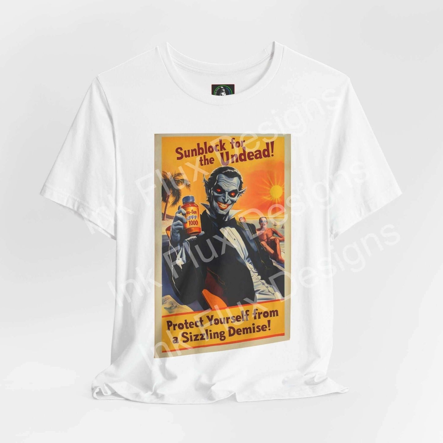 Halloween-themed graphic tee featuring a vampire holding sunblock, titled "Sun Block for the Undead," on a white unisex T-shirt.