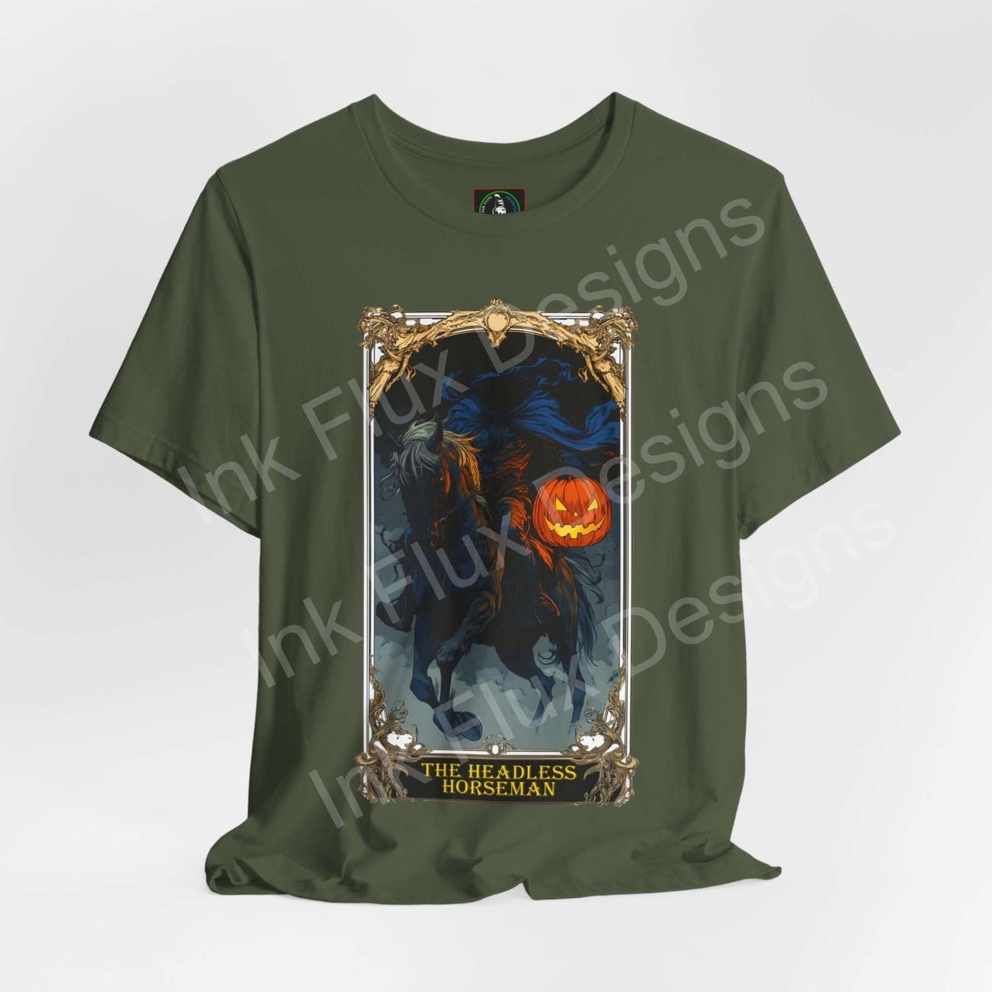 Olive green unisex T-shirt featuring a graphic print of the Headless Horseman, ideal for Halloween, crafted from sustainable Airlume cotton.