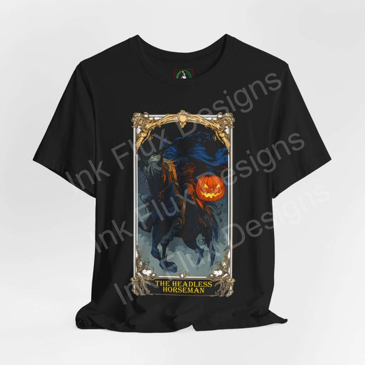 Halloween-themed 'The Headless Horseman' graphic tee, featuring eerie blue artwork of the horseman with a pumpkin head, on a black unisex t-shirt.