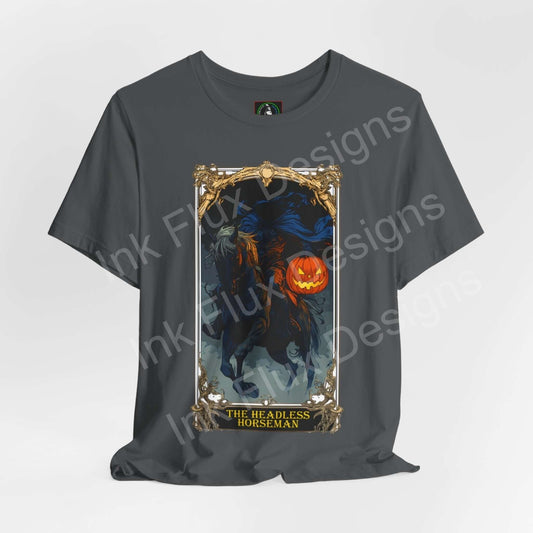 "The Headless Horseman" graphic tee in gray featuring a spooky Halloween-themed design with a pumpkin head rider, perfect for festive occasions.