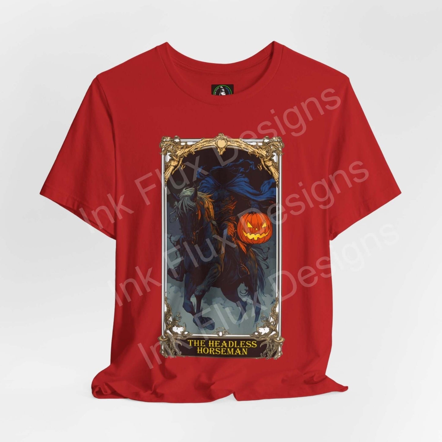 Red unisex T-shirt featuring a graphic of The Headless Horseman, perfect for Halloween, made with sustainable Airlume cotton.