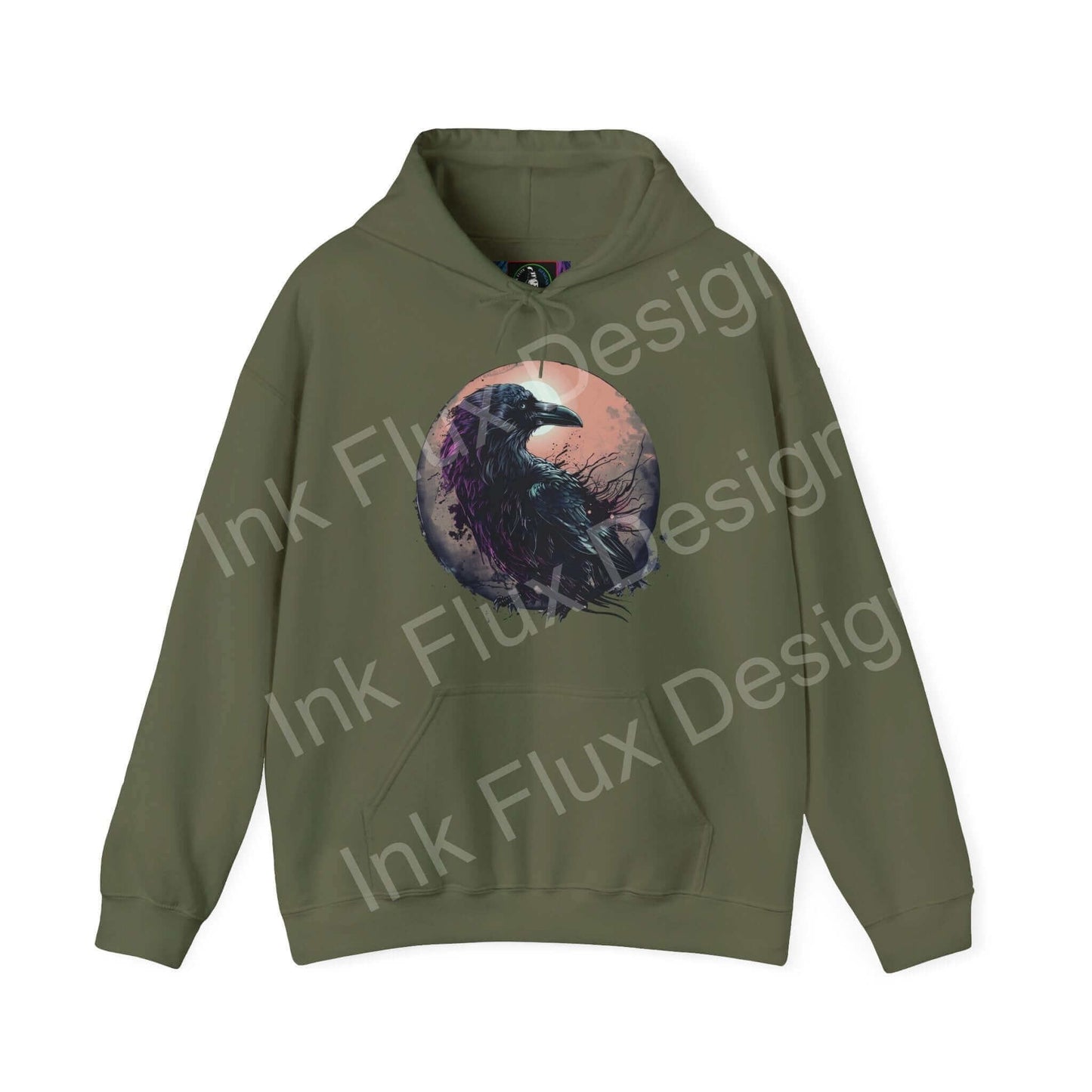 Olive green 'The Raven Hooded Sweatshirt' featuring a bold raven graphic design, ideal for stylish, cozy wear.