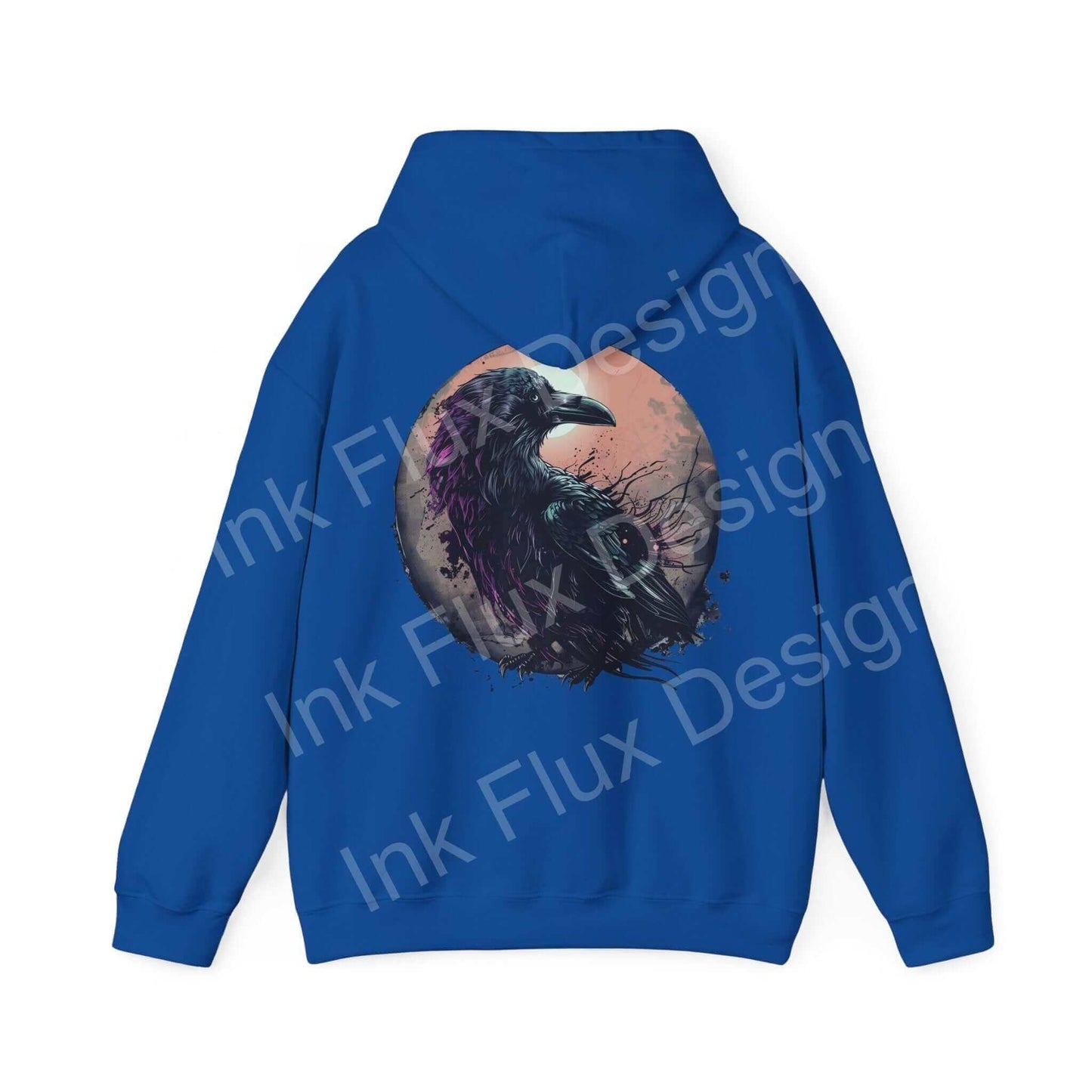 Blue 'The Raven' graphic hoodie featuring a bold raven design on the back, ideal for stylish comfort in chilly weather.