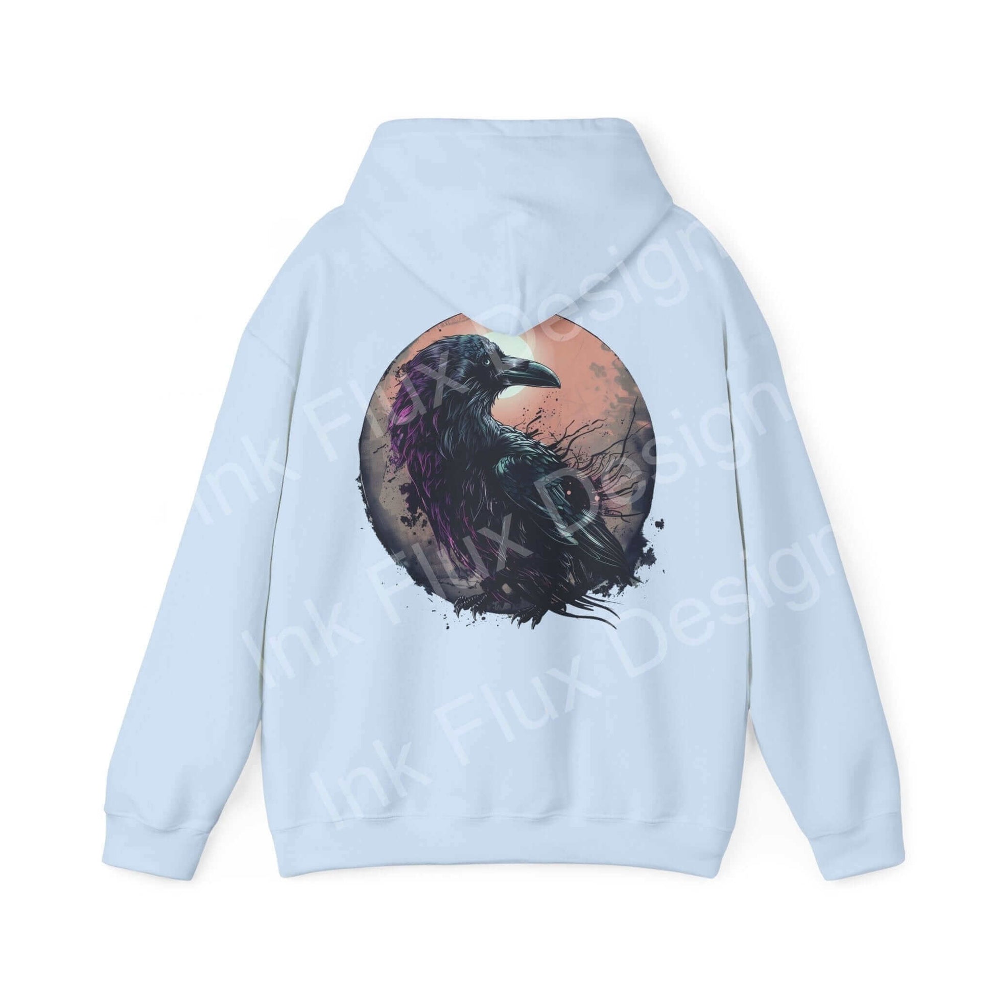 Light blue 'The Raven Hooded Sweatshirt' featuring a bold graphic design of a raven in a circular frame on the back, perfect for those seeking stylish, cozy apparel.