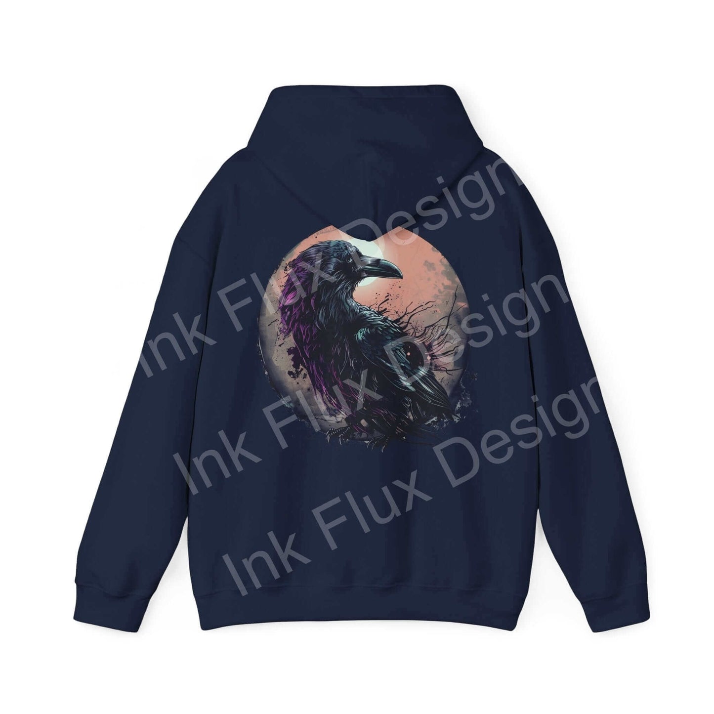 Rear view of The Raven Hooded Sweatshirt featuring a bold graphic design of a raven on a navy hoodie, ideal for graphic hoodies enthusiasts.