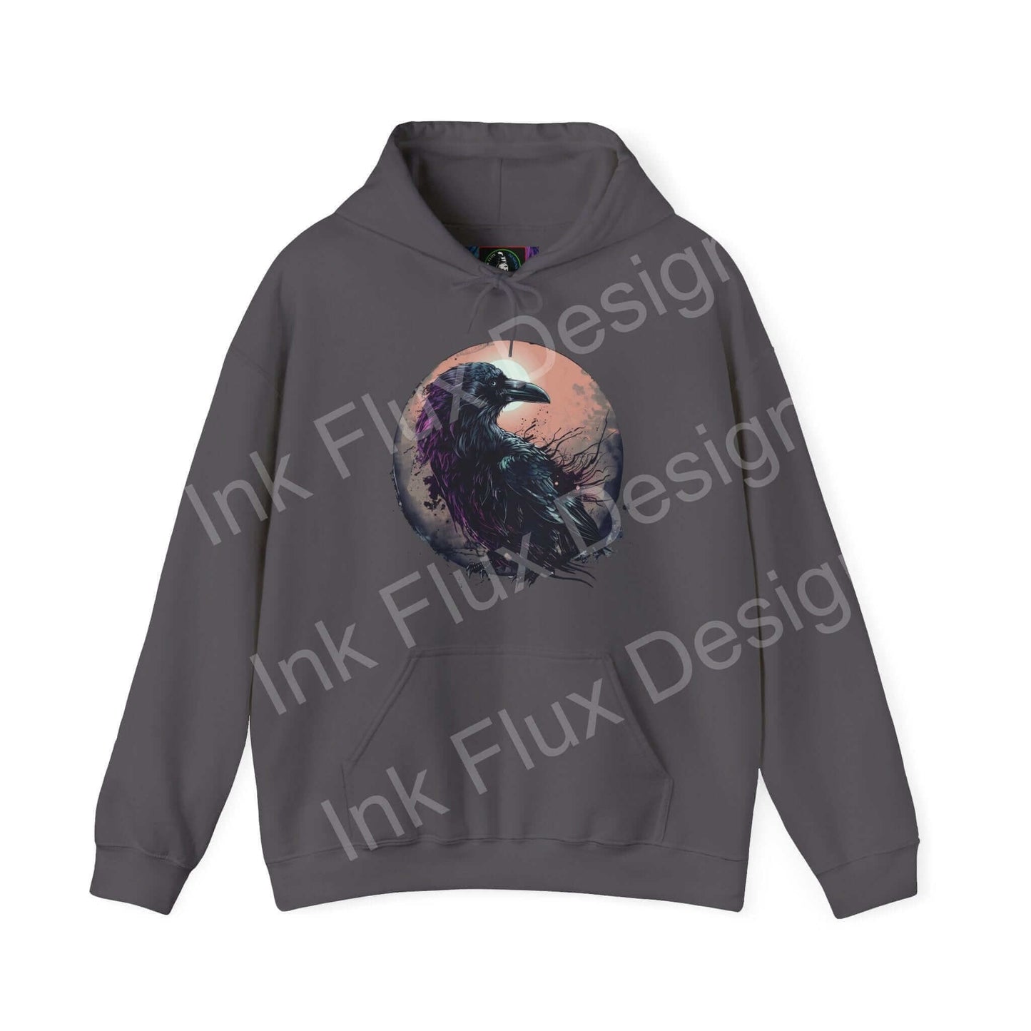 Unisex gray hoodie featuring a bold graphic design with a raven motif, ideal for those seeking stylish, graphic hoodies with unique, bold designs.