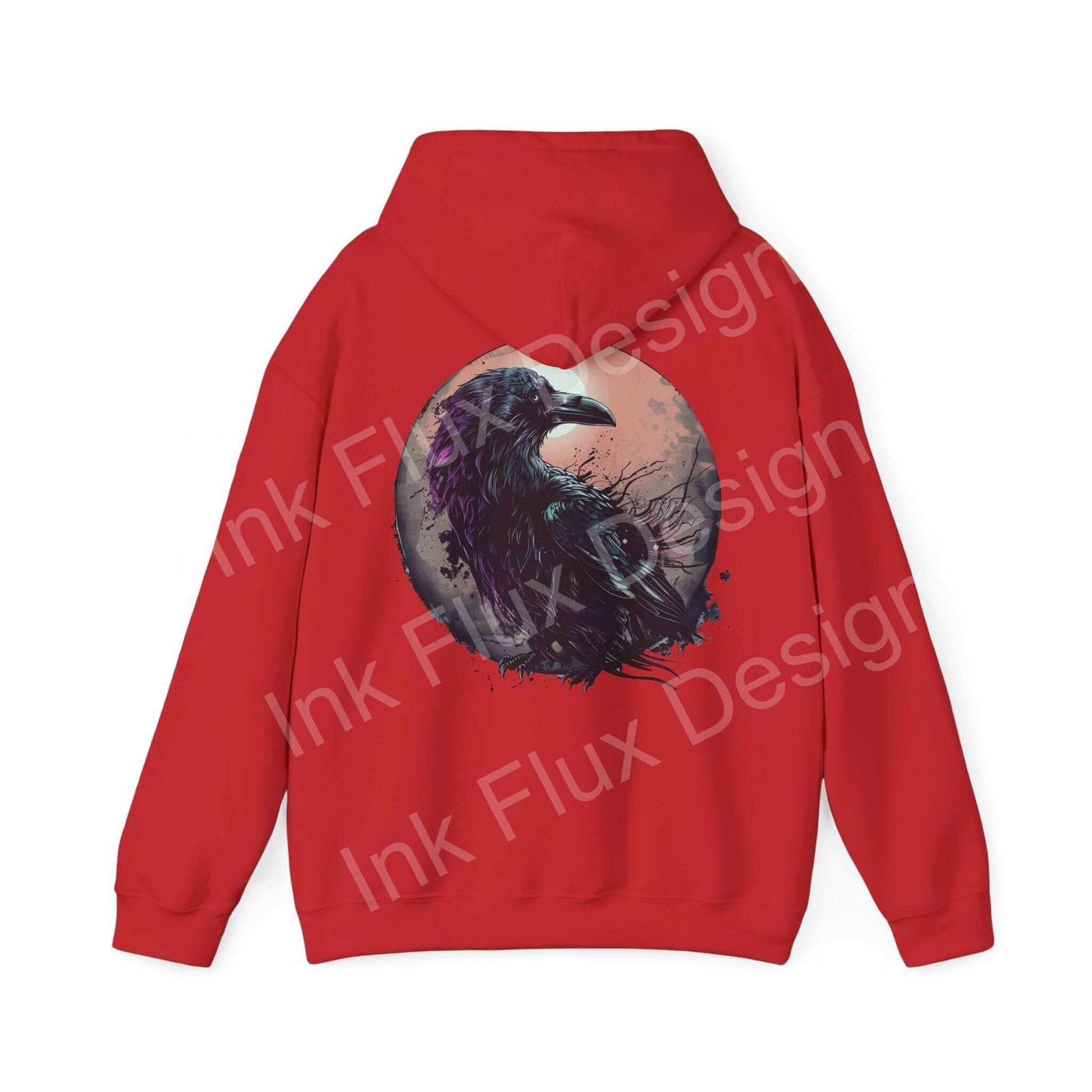 Back view of a red Raven Hooded Sweatshirt featuring a bold raven graphic design on a unisex hoodie.