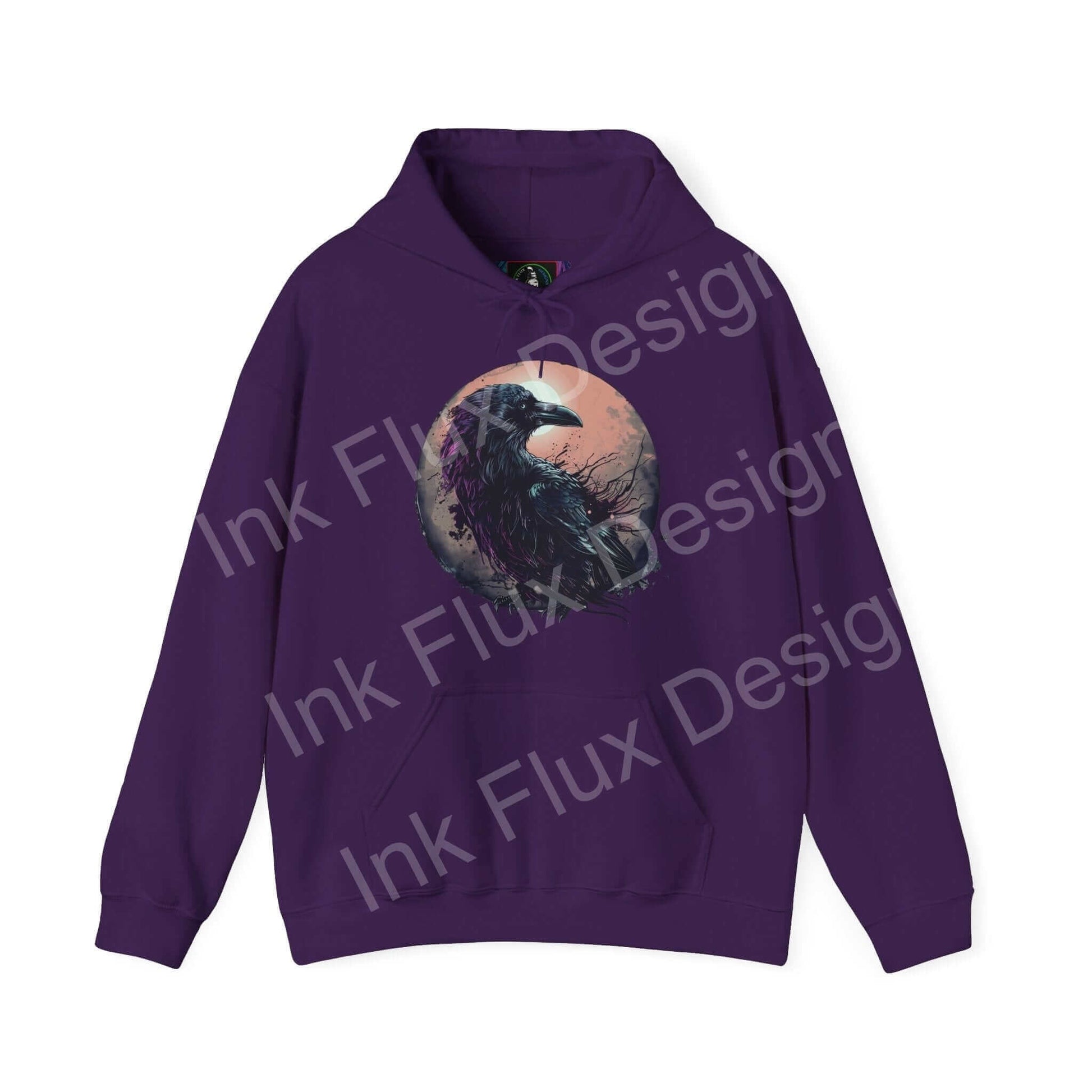Purple "The Raven" hooded sweatshirt featuring bold graphic design, ideal for stylish, cozy wear.