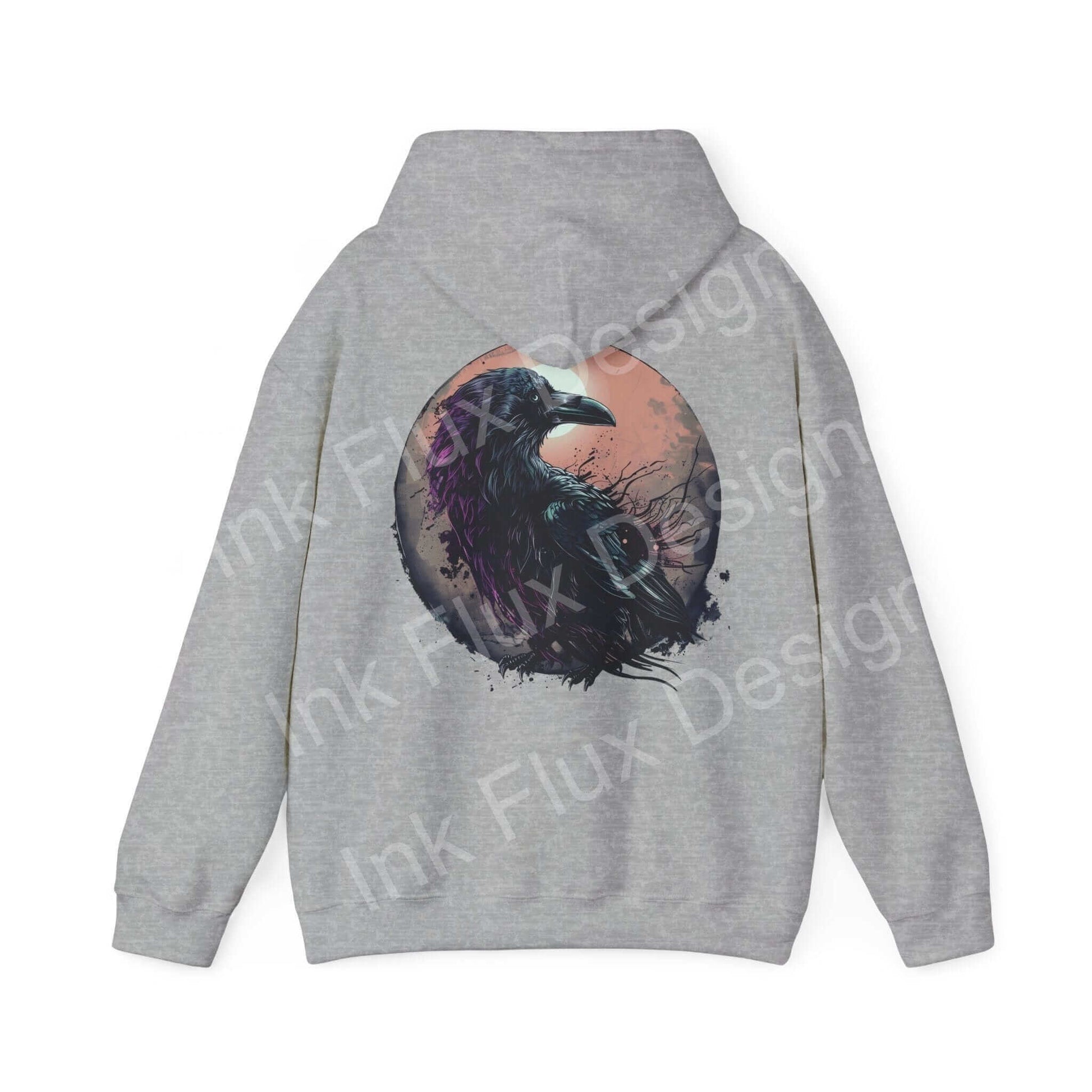 Back view of The Raven Hooded Sweatshirt featuring a bold graphic design on a gray hoodie, ideal for style and comfort.