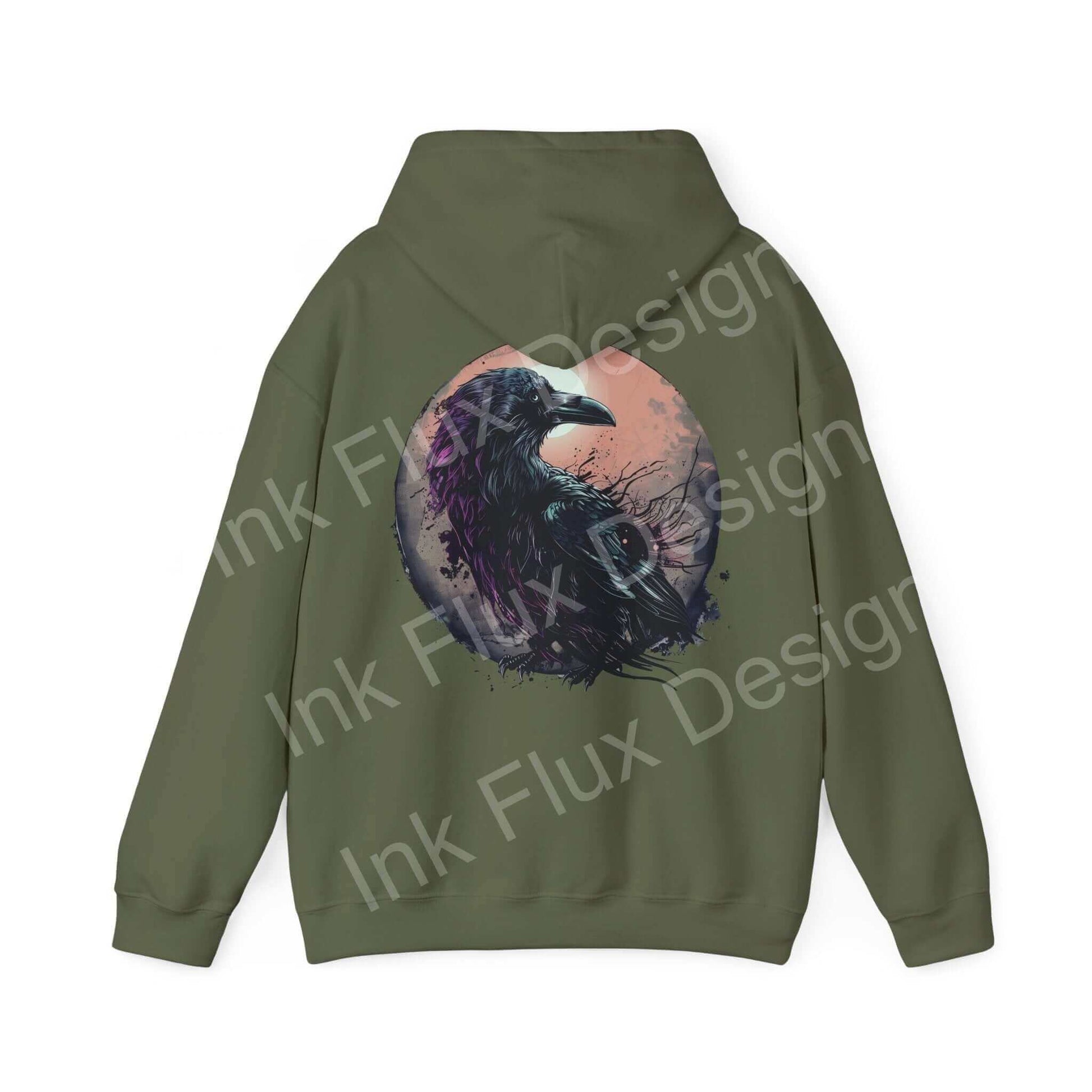 Unisex green hoodie featuring a bold raven graphic in vibrant colors on the back, ideal for stylish comfort.