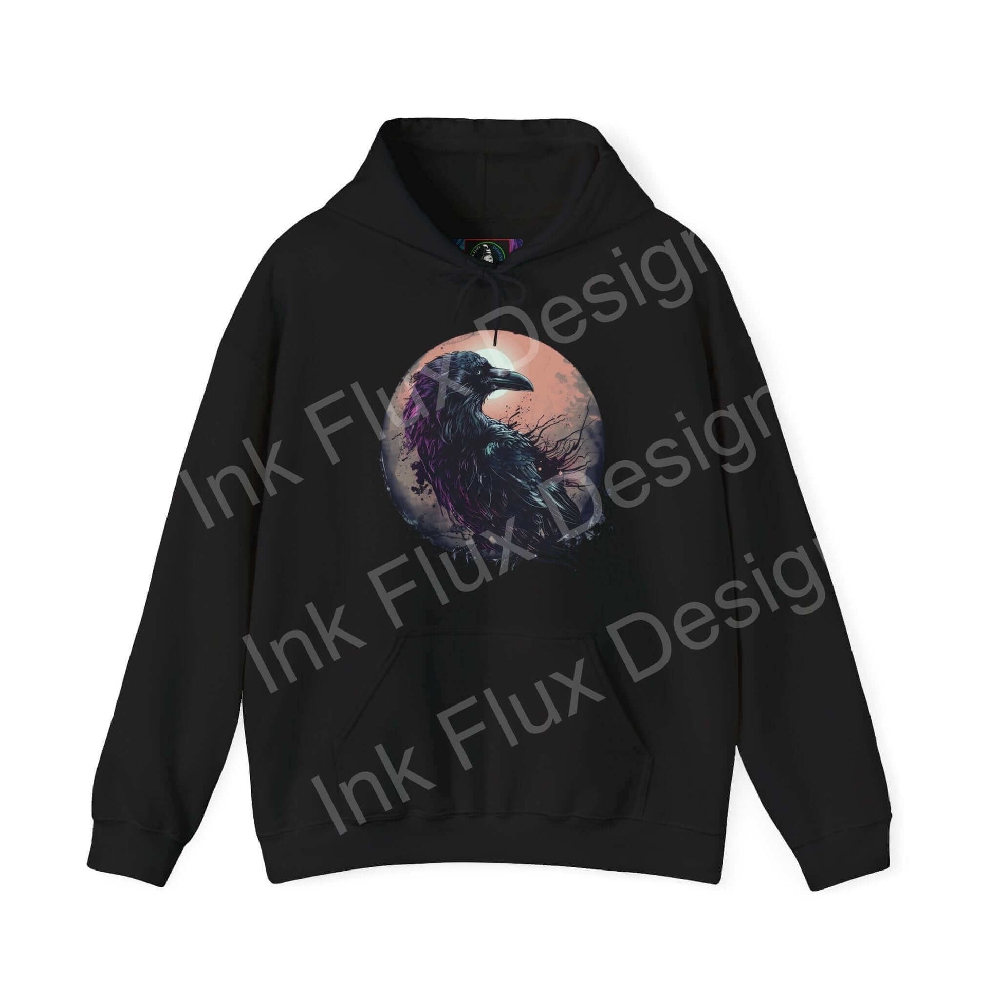 Unisex black hoodie featuring a bold graphic design with a raven and moon, ideal for stylish, cozy wear