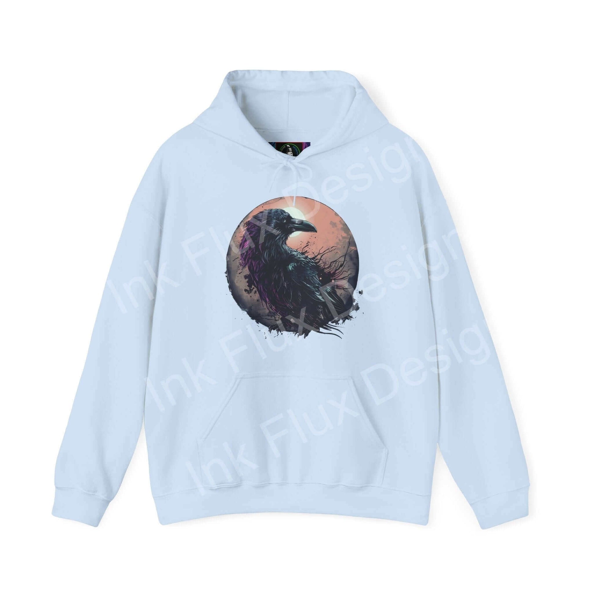 Light blue unisex hoodie featuring a bold graphic design of a raven in a moon, ideal for fashionable comfort and style.