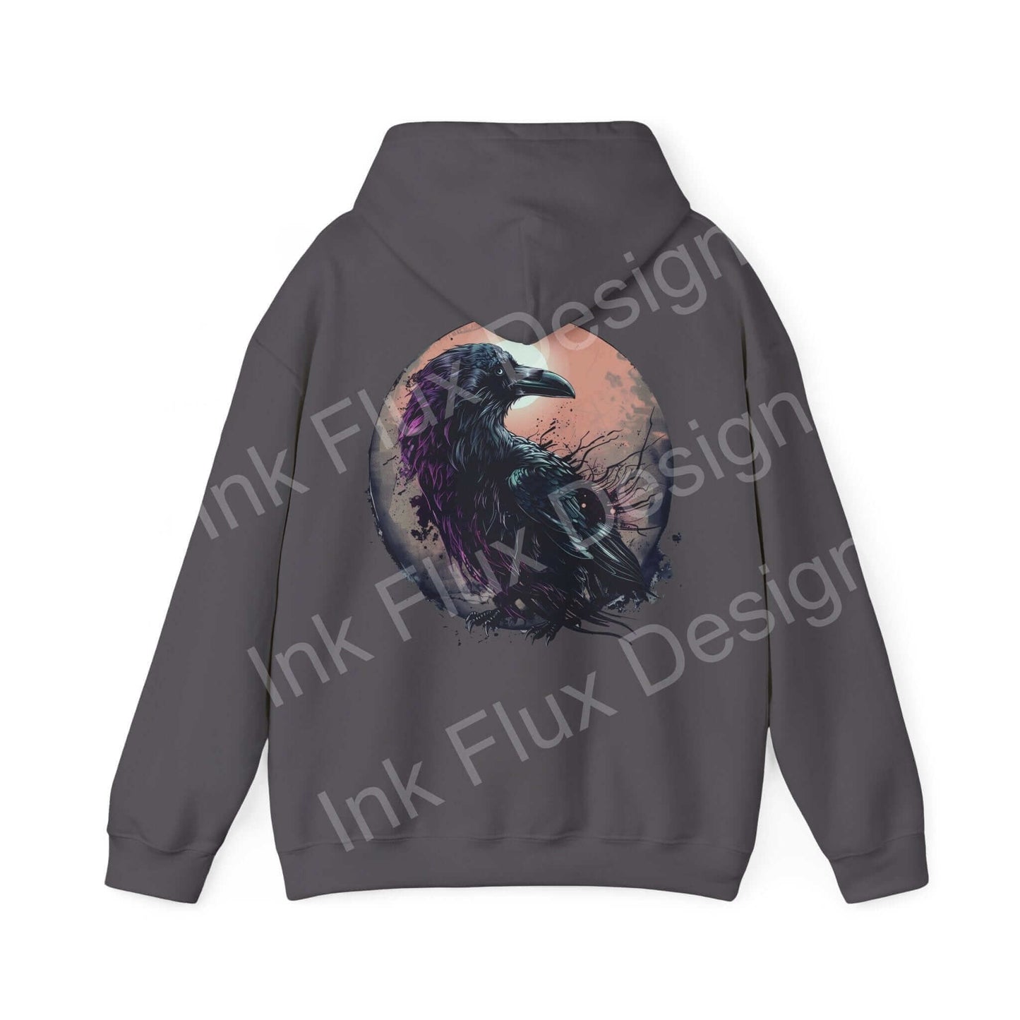 Back view of The Raven Hooded Sweatshirt featuring bold graphic design of a raven on a moonlit background, ideal for stylish comfort.