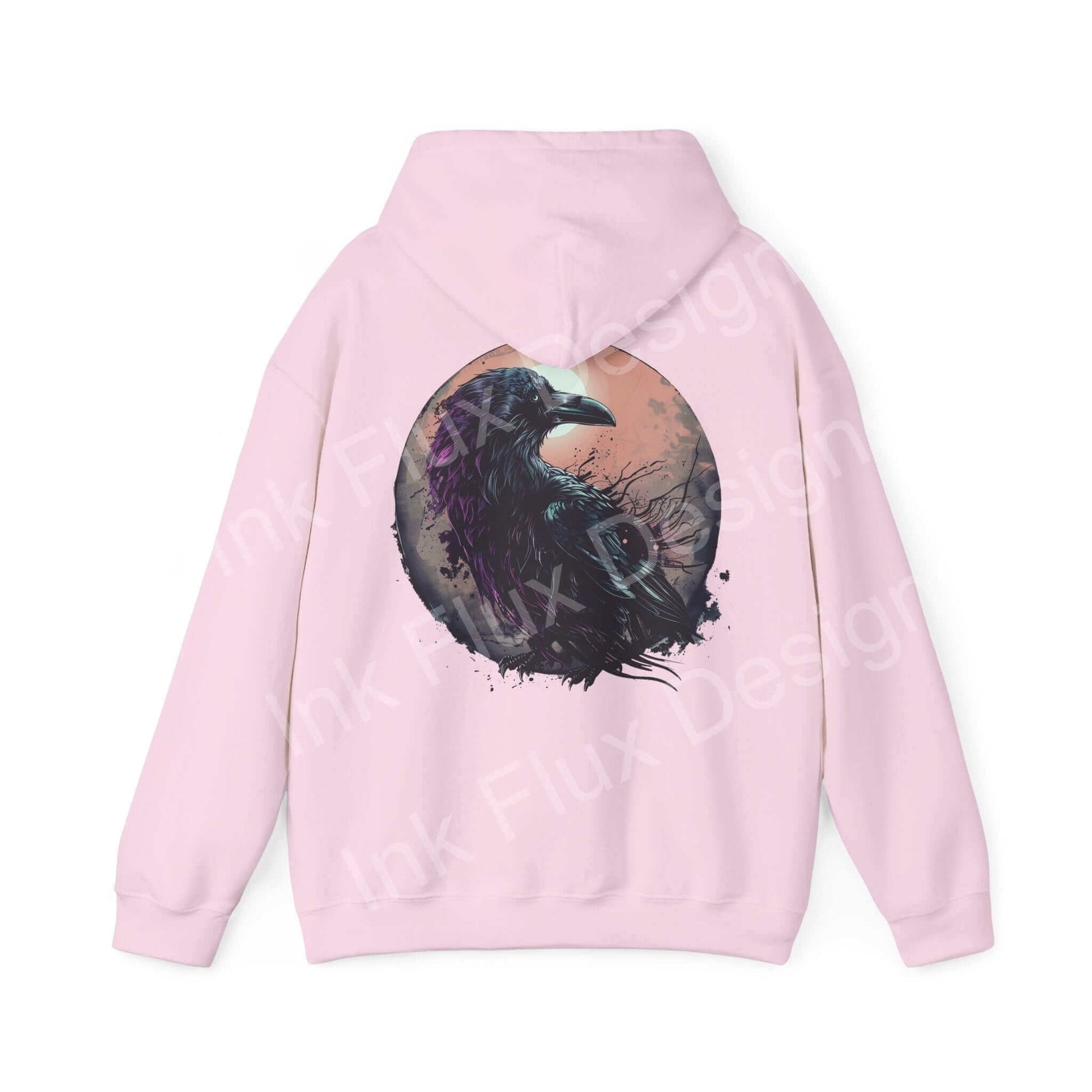 Pink 'The Raven Hooded Sweatshirt' featuring a bold graphic of a raven in a moon, ideal for stylish, cozy wear.