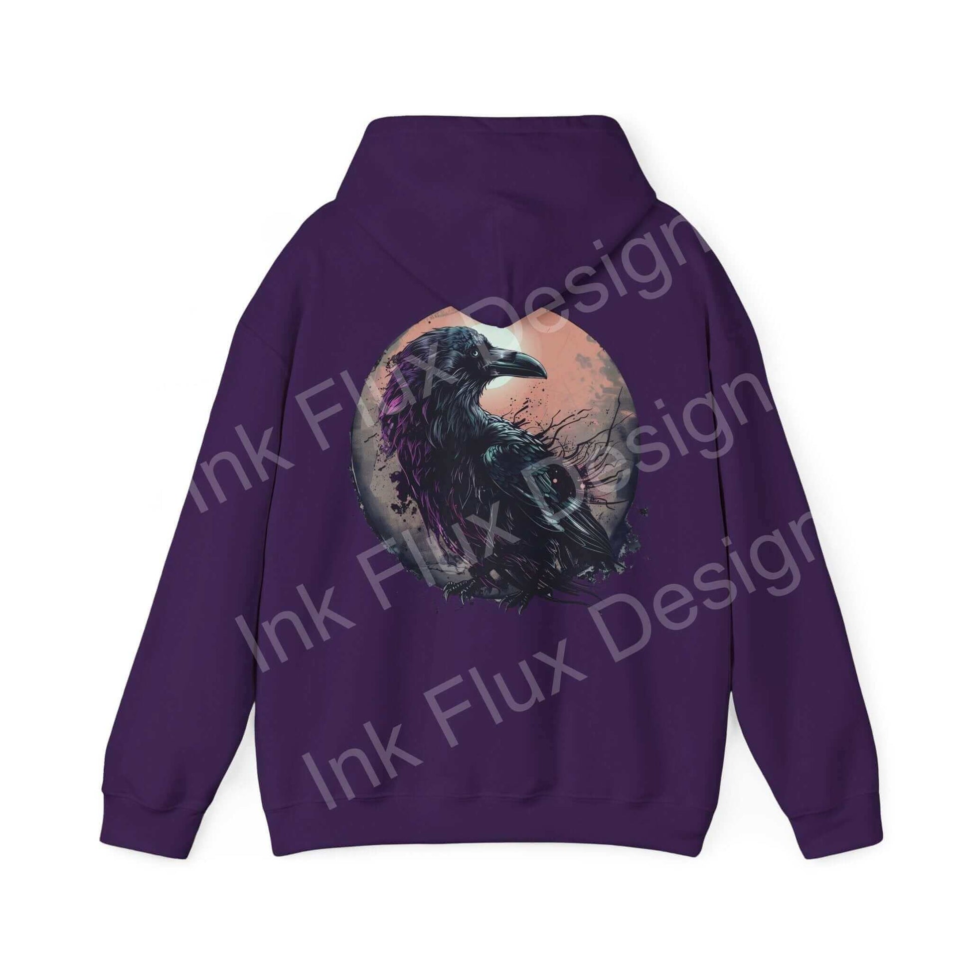 Purple 'The Raven' graphic hoodie with bold raven design on the back, ideal for style and comfort, by Ink Flux Design.