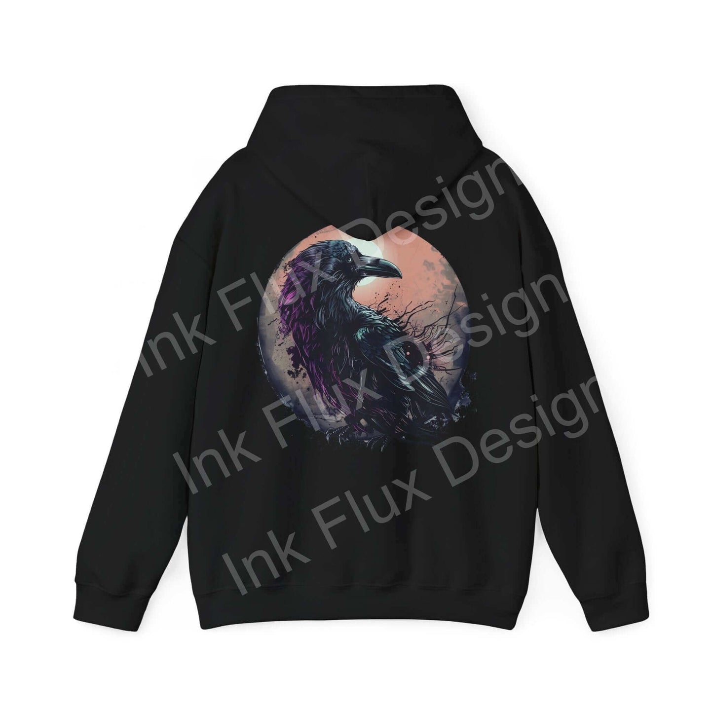 Unisex black hooded sweatshirt featuring a bold raven graphic design, ideal for stylish comfort.