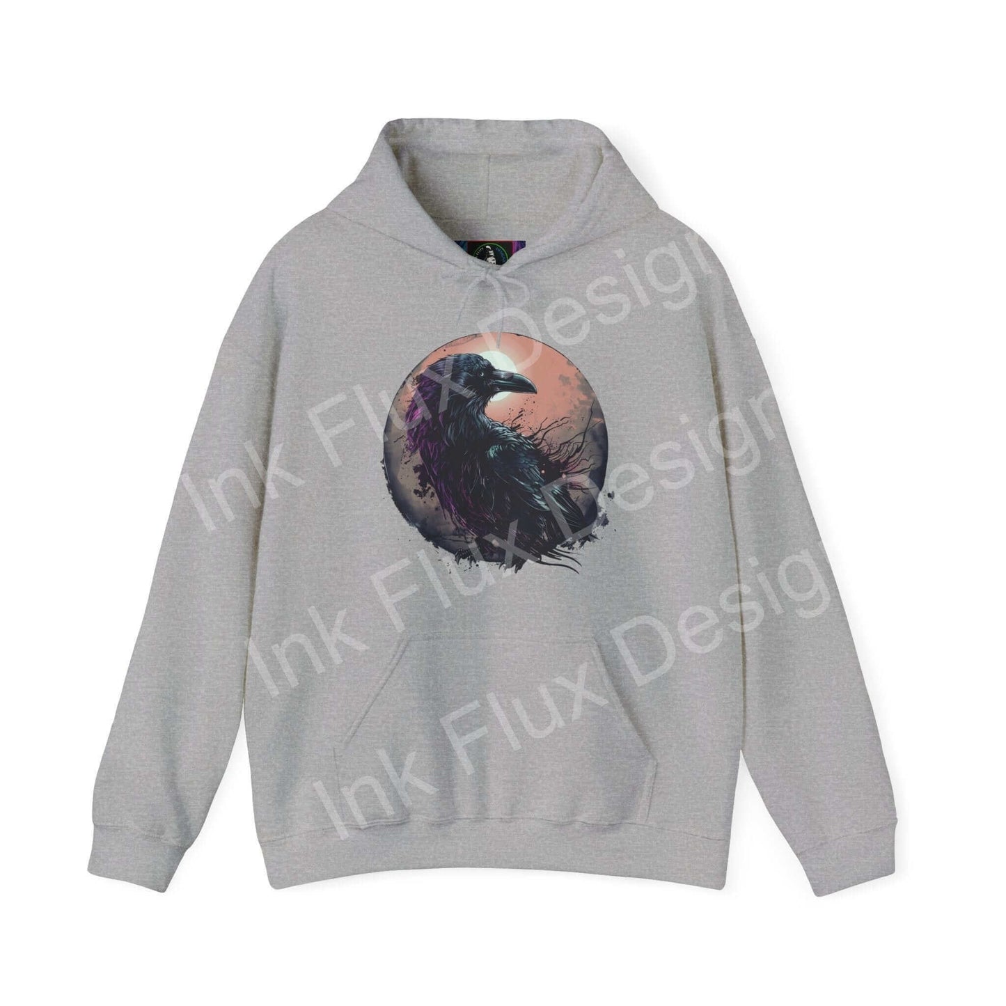 Unisex gray hoodie featuring a bold raven graphic in a mystical circle, blending comfort with creative design, perfect for style and warmth.