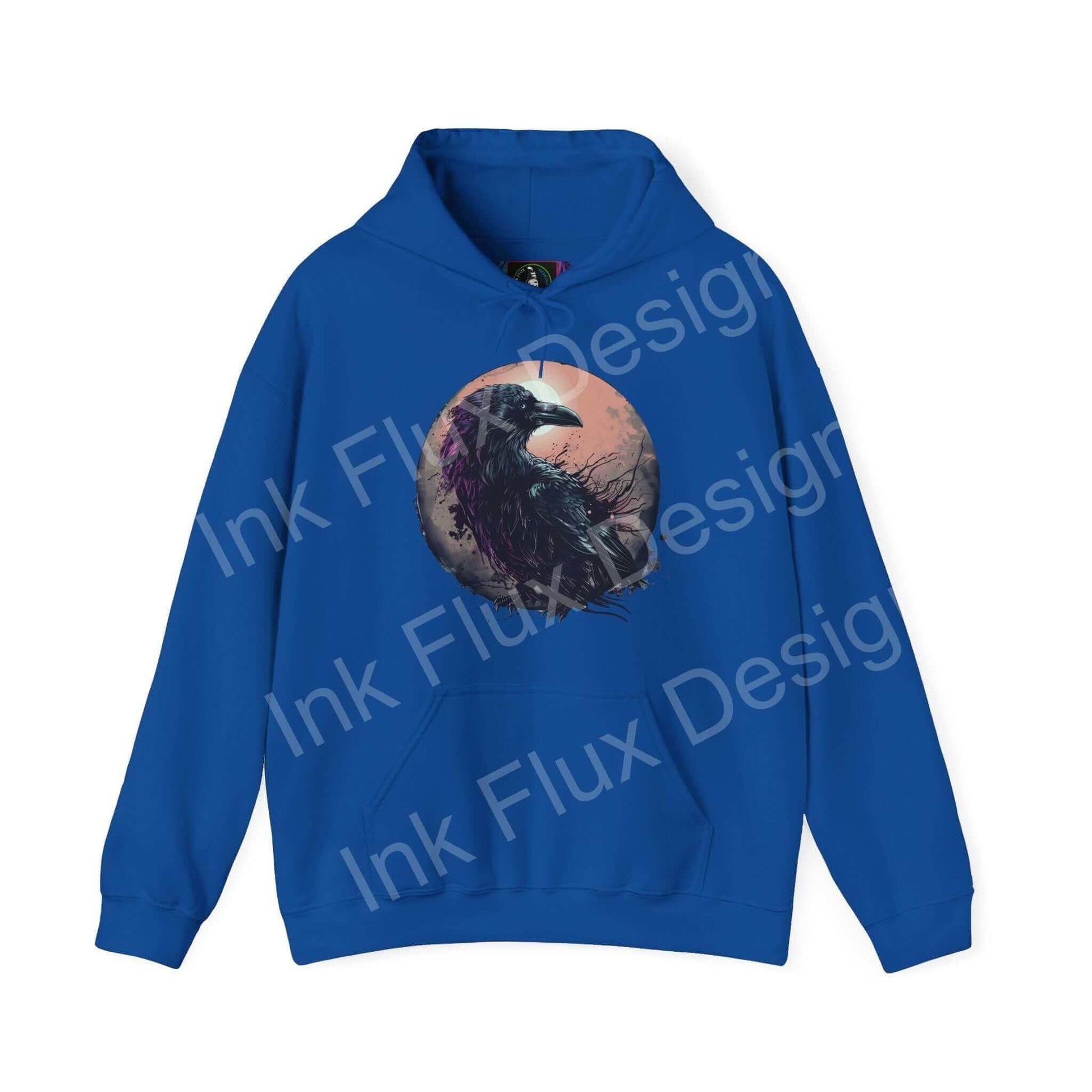 Blue Raven Hooded Sweatshirt featuring bold graphic design on front, ideal for hoodies and graphic hoodie enthusiasts.