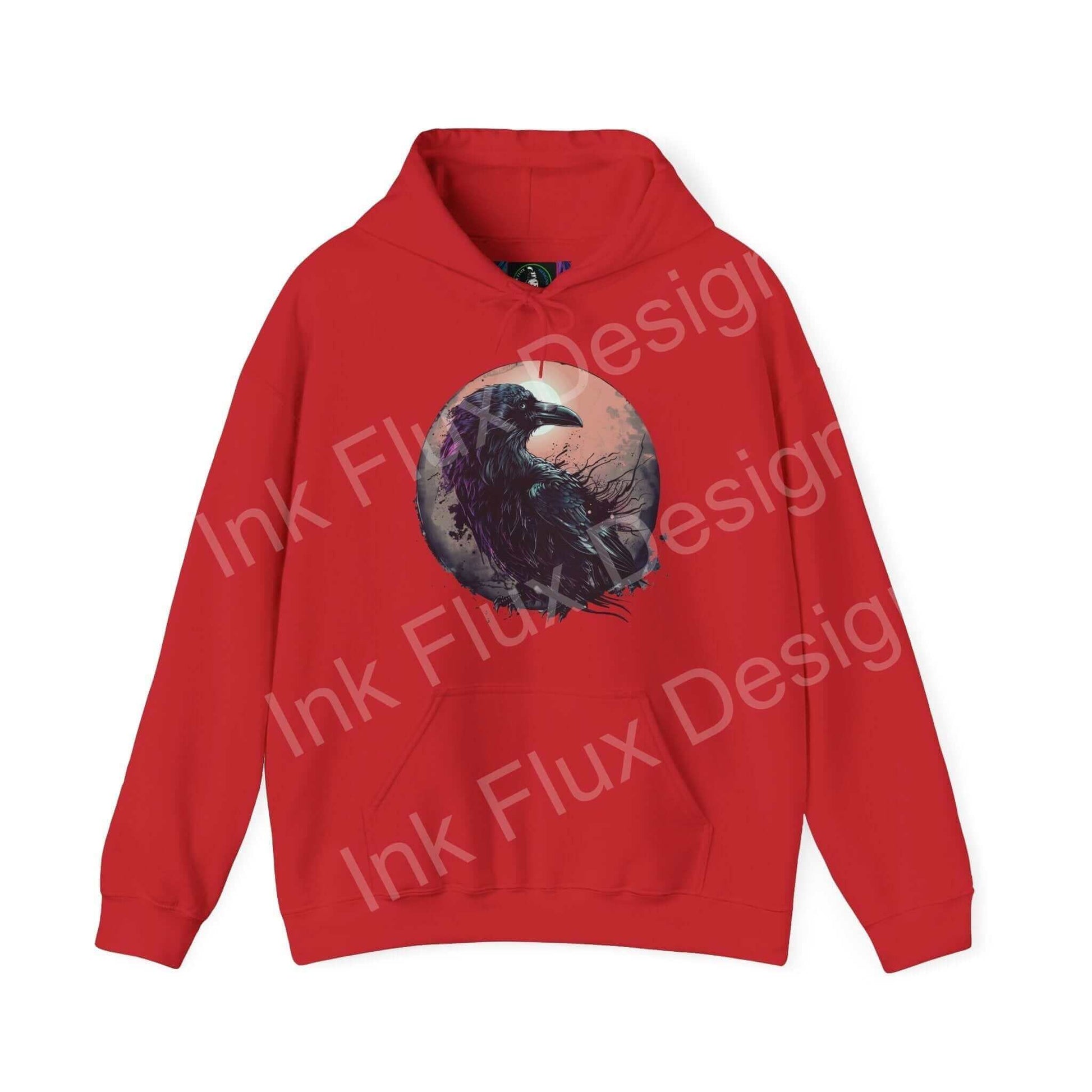 Red 'The Raven' graphic hoodie with bold raven design on front, combining style and warmth, ideal for chilly weather.
