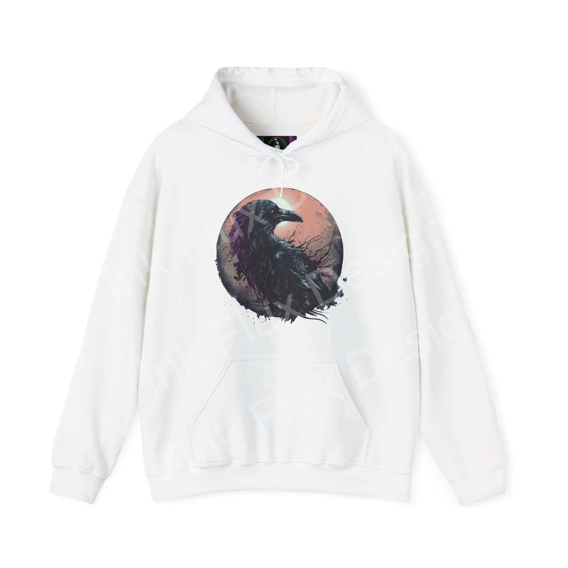White 'The Raven Hooded Sweatshirt' featuring a circular graphic of a raven in bold designs, ideal for those seeking stylish, cozy graphic hoodies.
