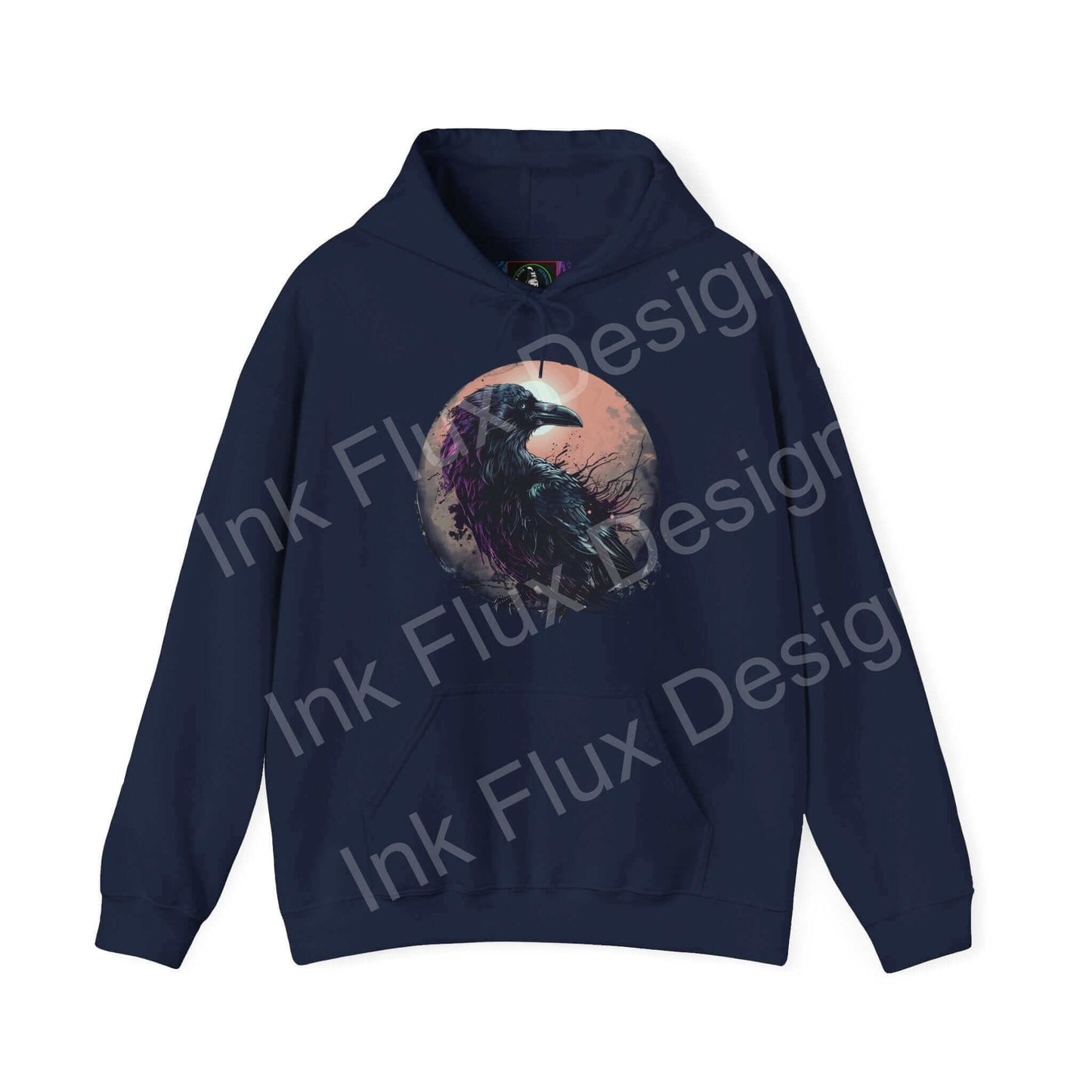 Navy blue 'The Raven Hooded Sweatshirt' featuring a bold graphic design with a raven, moon, and artistic elements, ideal for chilly days.