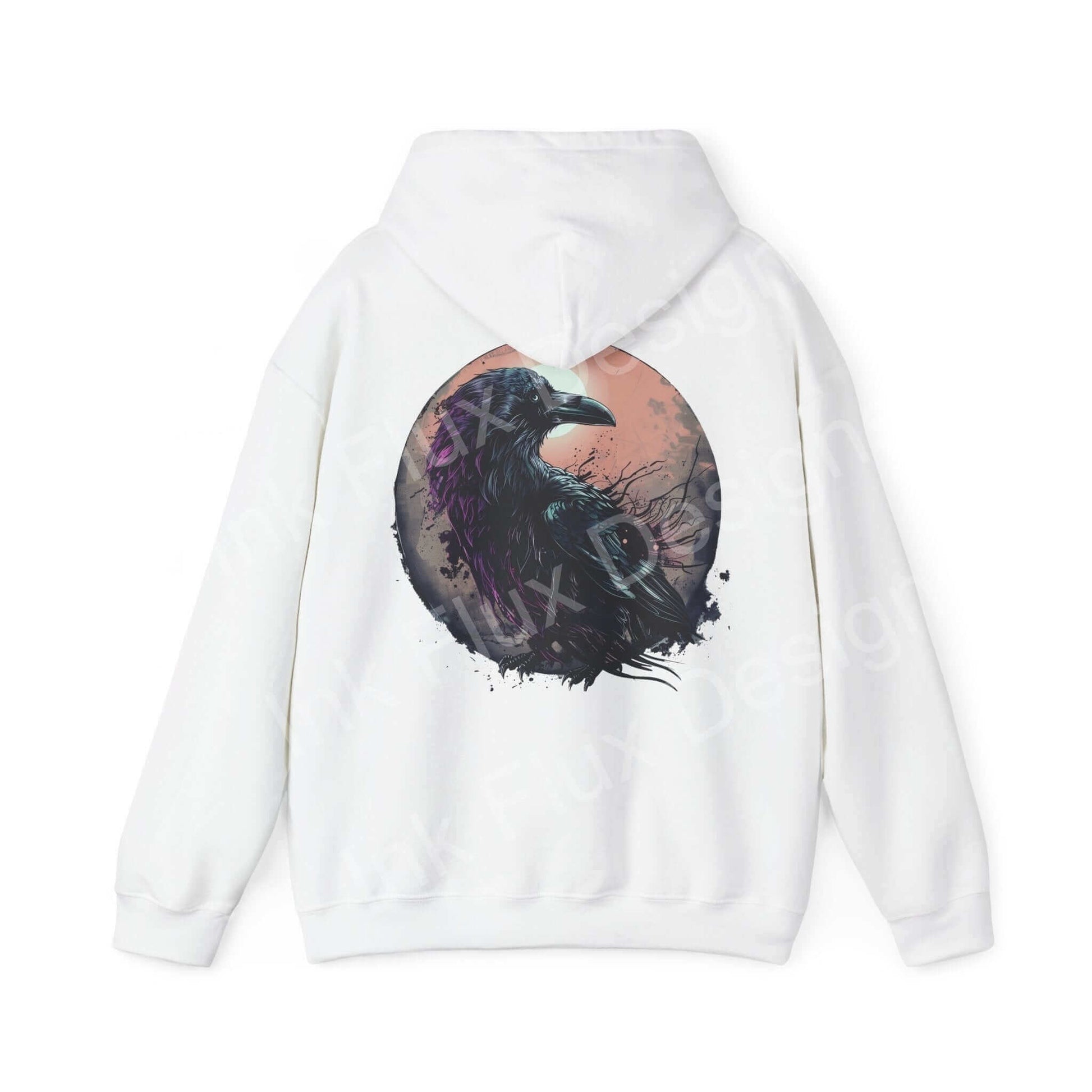 White unisex hoodie featuring a bold graphic design of a raven in a circular frame, ideal for stylish comfort.