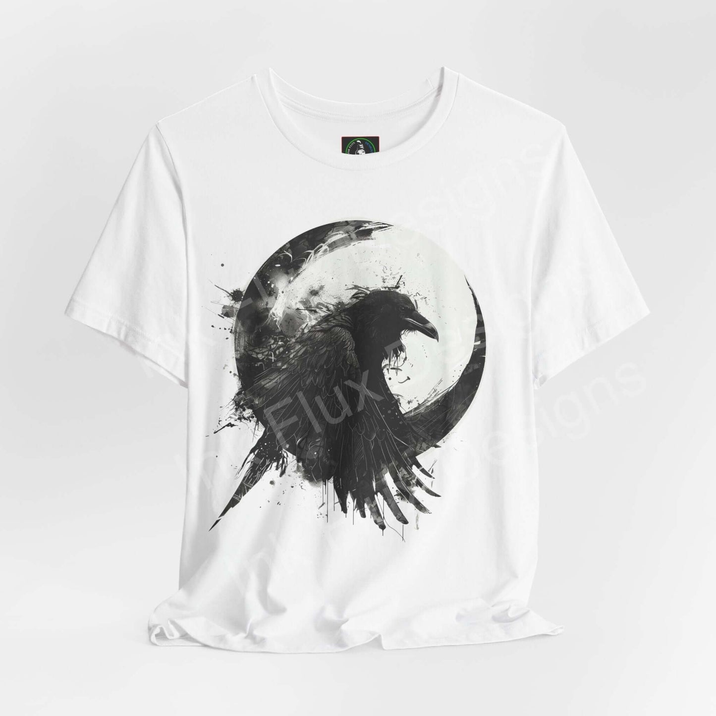 Unisex white jersey T-shirt featuring a black raven graphic with full moon, part of the 'The Raven II' collection, ideal for lovers of spirit animal themed Tees.