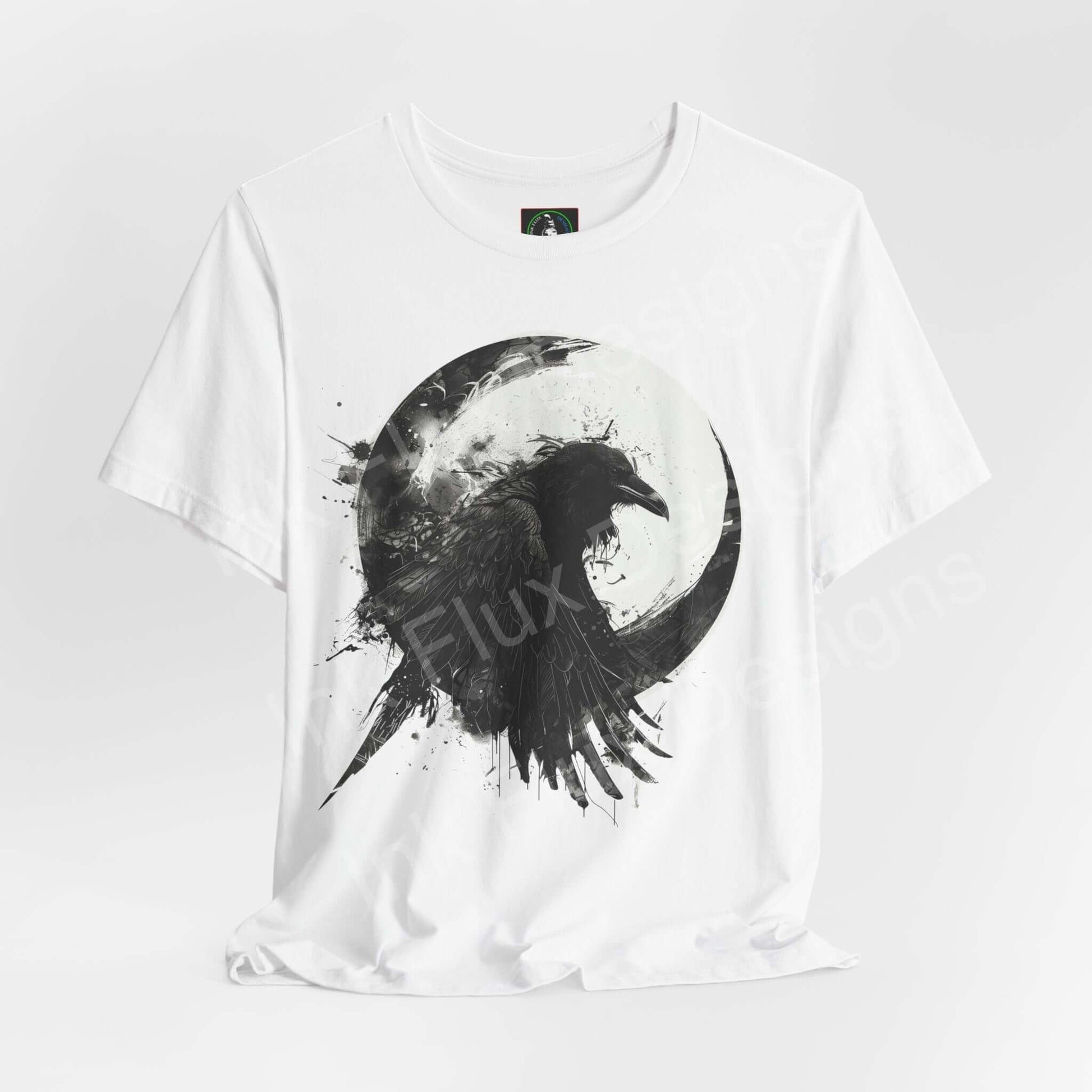 Unisex white jersey T-shirt featuring a black raven graphic with full moon, part of the 'The Raven II' collection, ideal for lovers of spirit animal themed Tees.