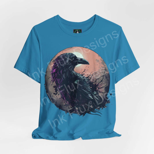 Unisex blue T-shirt featuring a vibrant graphic of a raven, ideal for lovers of spirit animal themed apparel.