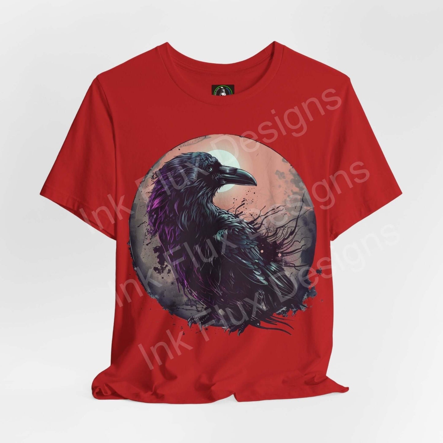 Red unisex T-shirt featuring a graphic of a mystical raven, perfect for lovers of spirit animals and stylish tees.